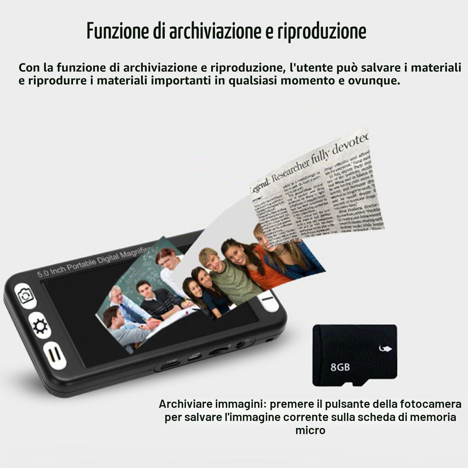 Lente d'ingrandimento digitale portatile, ausilio elettronico per la lettura, touchscreen da 5 pollici 800x480 con supporto pieghevole per ipovedenti, obiettivo della fotocamera per lontano,White