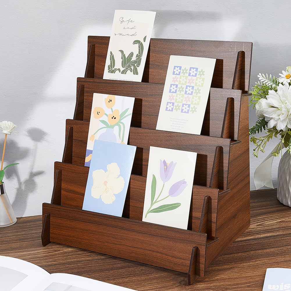 DICOSMETIC Présentoir de Cartes de Vœux en Bois à 4 Niveau avec Support D'Autocollants Présentoir de Cartes de Vœux Support de 4cm Organisateur de Bijoux Porte Boucles d'oreilles Marron