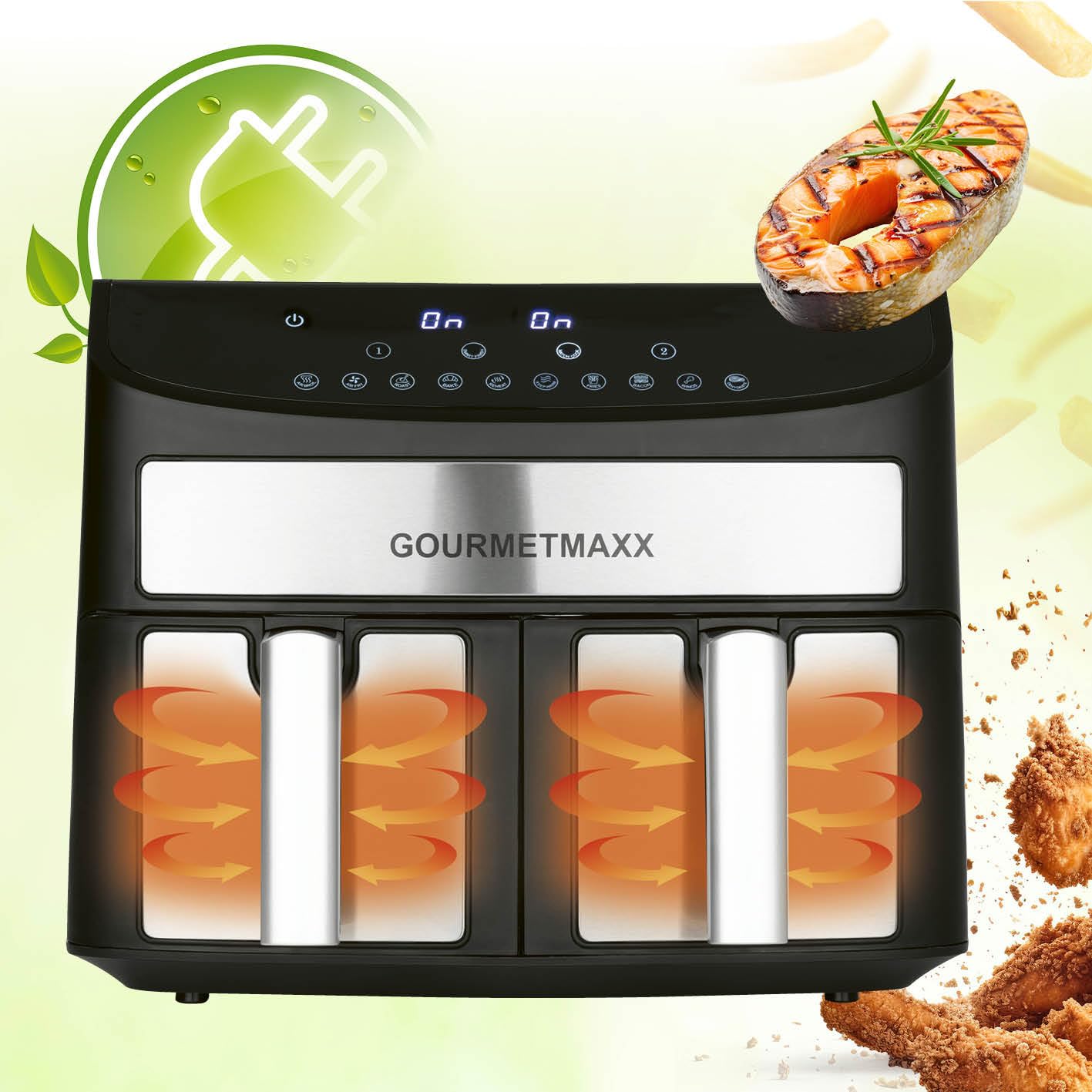 GOURMETmaxx Frytkownica na gorące powietrze, podwójna komora, 2 x 3,5 l, stal nierdzewna, Airfryer z funkcją timera, wyświetlaczem dotykowym i strefami gotowania synchronicznymi | energooszczędne
