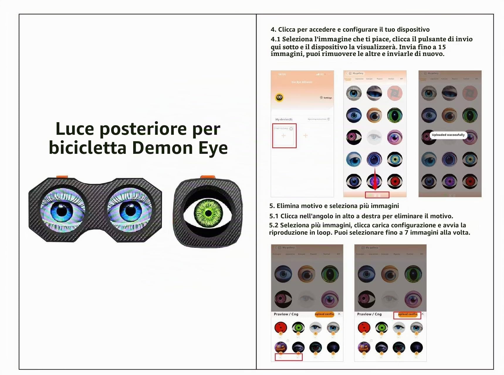 Fanale posteriore per bici Demon Eye, luci LED intelligenti Devil Eye, occhi ricaricabili fai da te programmabili tramite APP, luci per bicicletta, impermeabili intelligenti, luce di sicurezza