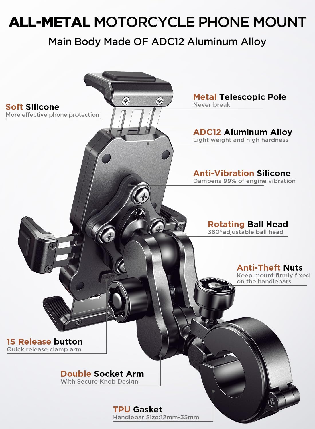JOYROOM Uchwyt na telefon motocyklowy ze stopu aluminium, metalowy uchwyt na telefon motocyklowy z tłumikiem wibracji, do roweru, skutera ATV/UTV, kompatybilny z iPhone, Samsung, wszystkimi telefonami