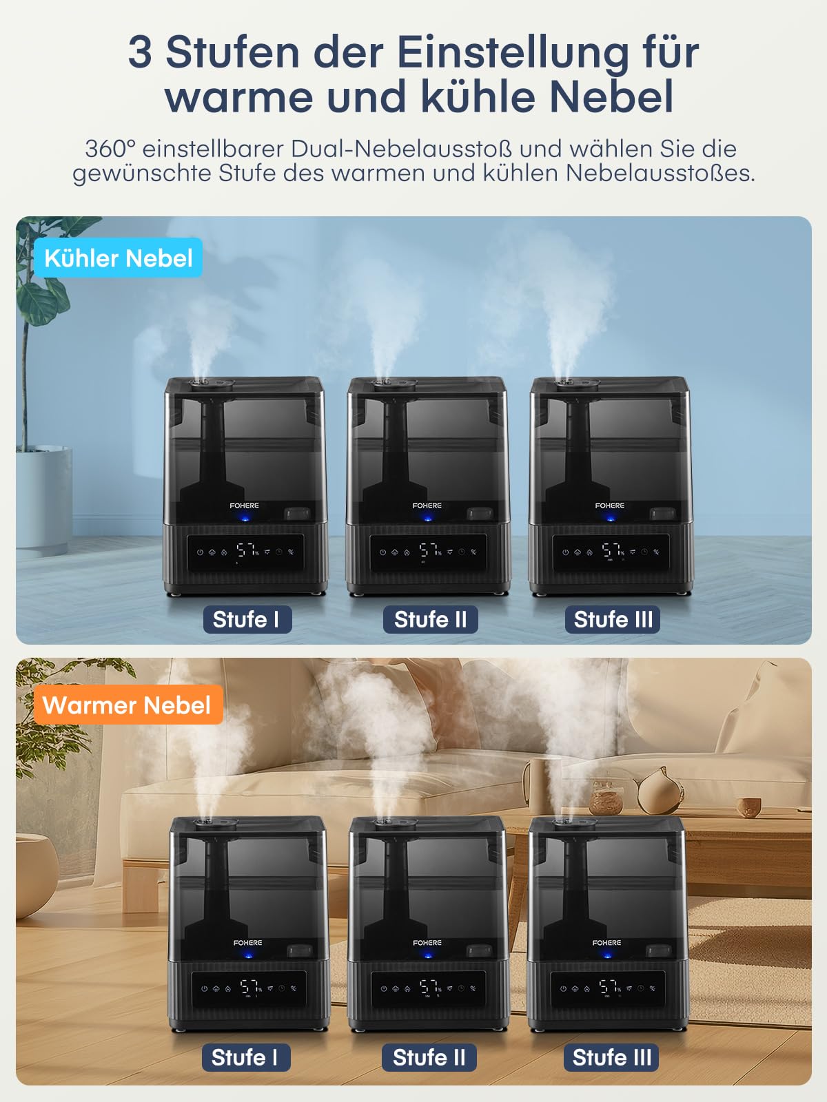FOHERE Luftbefeuchter 6L Leiser Luftbefeuchter mit warmem und kühlem Nebel 60H Laufzeit Öldiffusor Schlafmodus 12H-Timer
