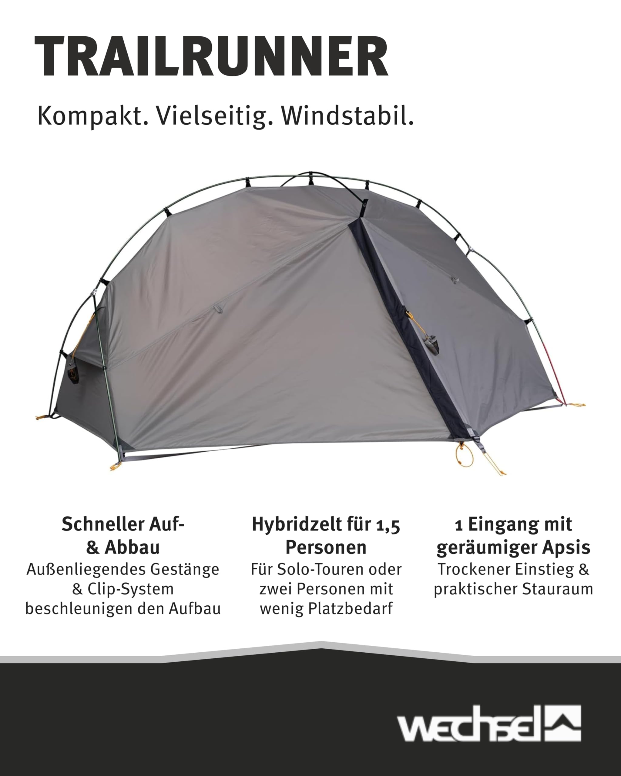 Wechsel Trekkingzelt Trailrunner I Leichtgewichtszelt für 1,5 Personen I schnell aufbaubares Hybridzelt I kompakt & transportabel I ideales Outdoor-Zelt für Camping, Wandern, Radreisen, Kanu & Kajak