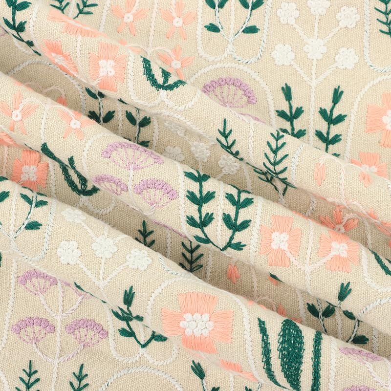 Stoffe Zum NäHen Dicker Baumwoll-Leinen-Blumen-bestickter Stoff, Tasche, Kissen, Tischdecke, handgefertigter Nähstoff NäHen & Stoffe(Beige)