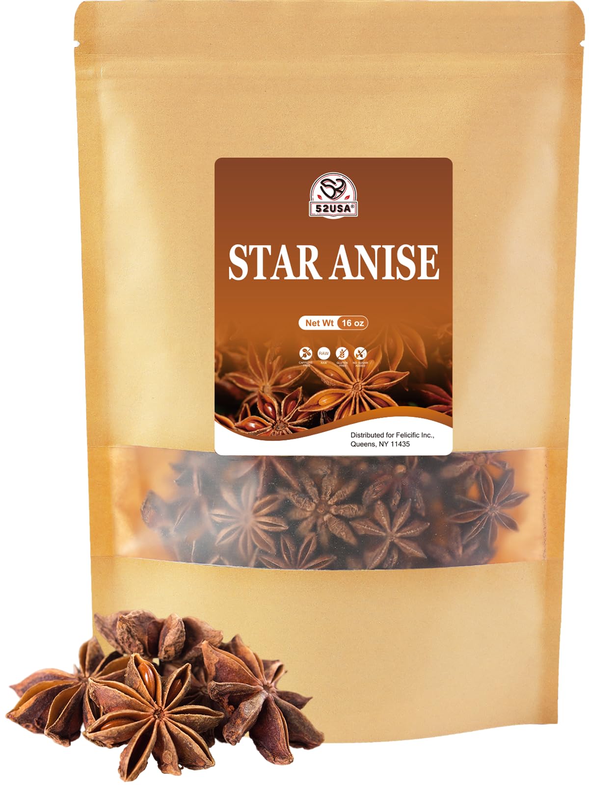 52USA Star Anise, 16 Ounce (Pack of 1), NON-GMO Verified Chinese Star Anise Whole, Dried Star Anise Pods for Tea and baking