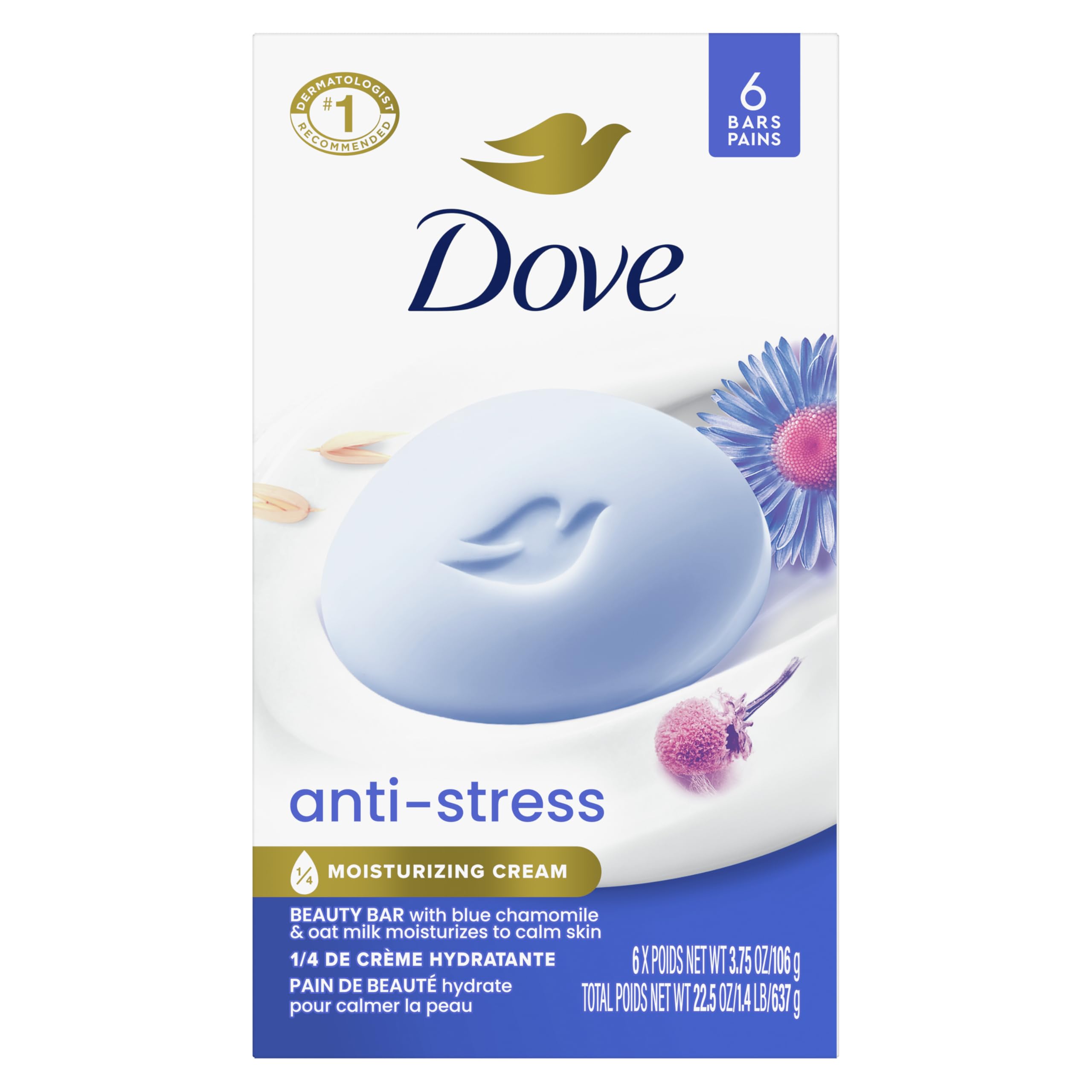 Dove Anti-Stress Blue Chamomile And Oat Milk Moisturizes to Calm Skin Soap 106g Pack Of 6