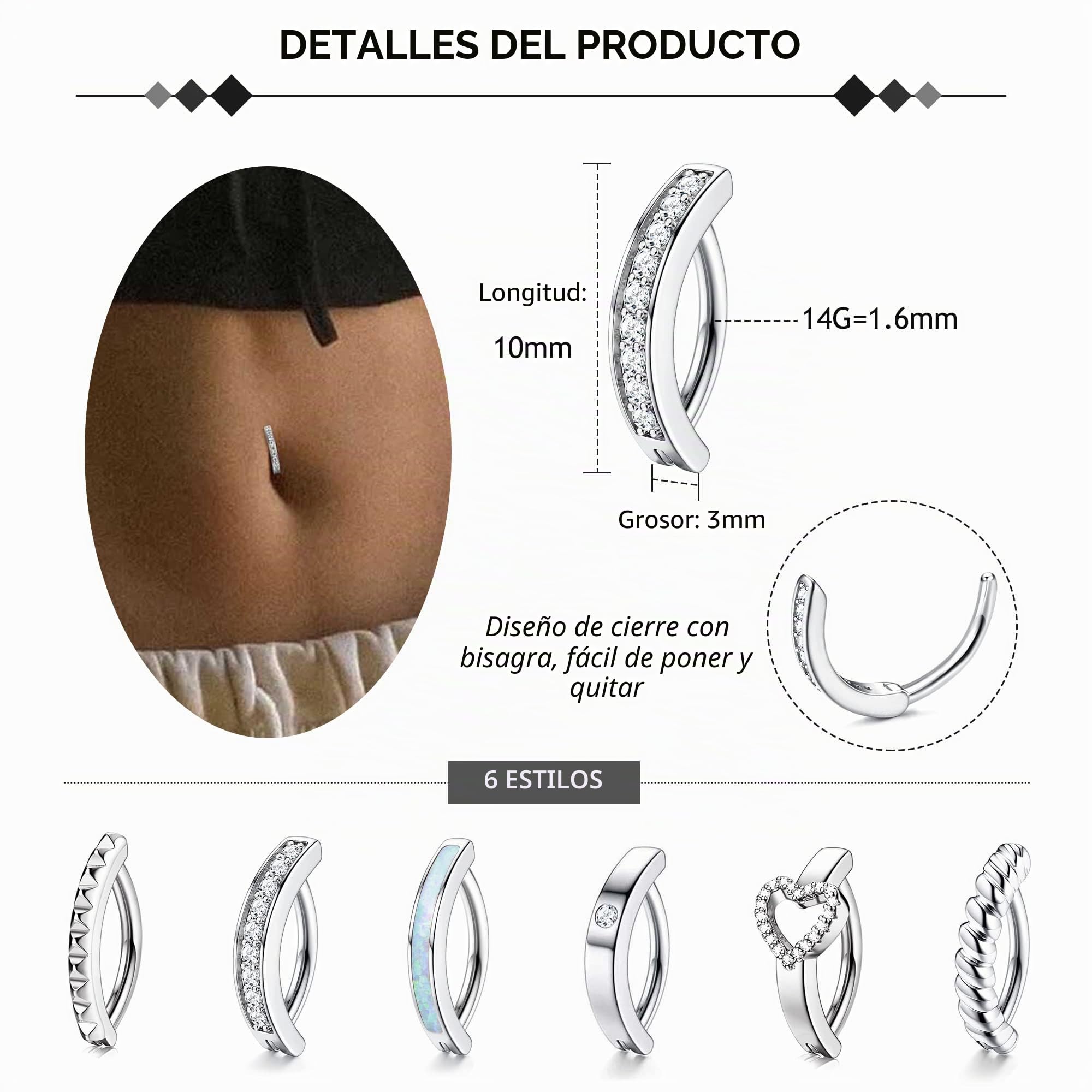 FIOROYAL 6 Piezas 14G Piercing Ombligo Plata Oro Clicker Aro Circonio Ópalo Corazón Curvo Anillos Verano Corporal Joyas