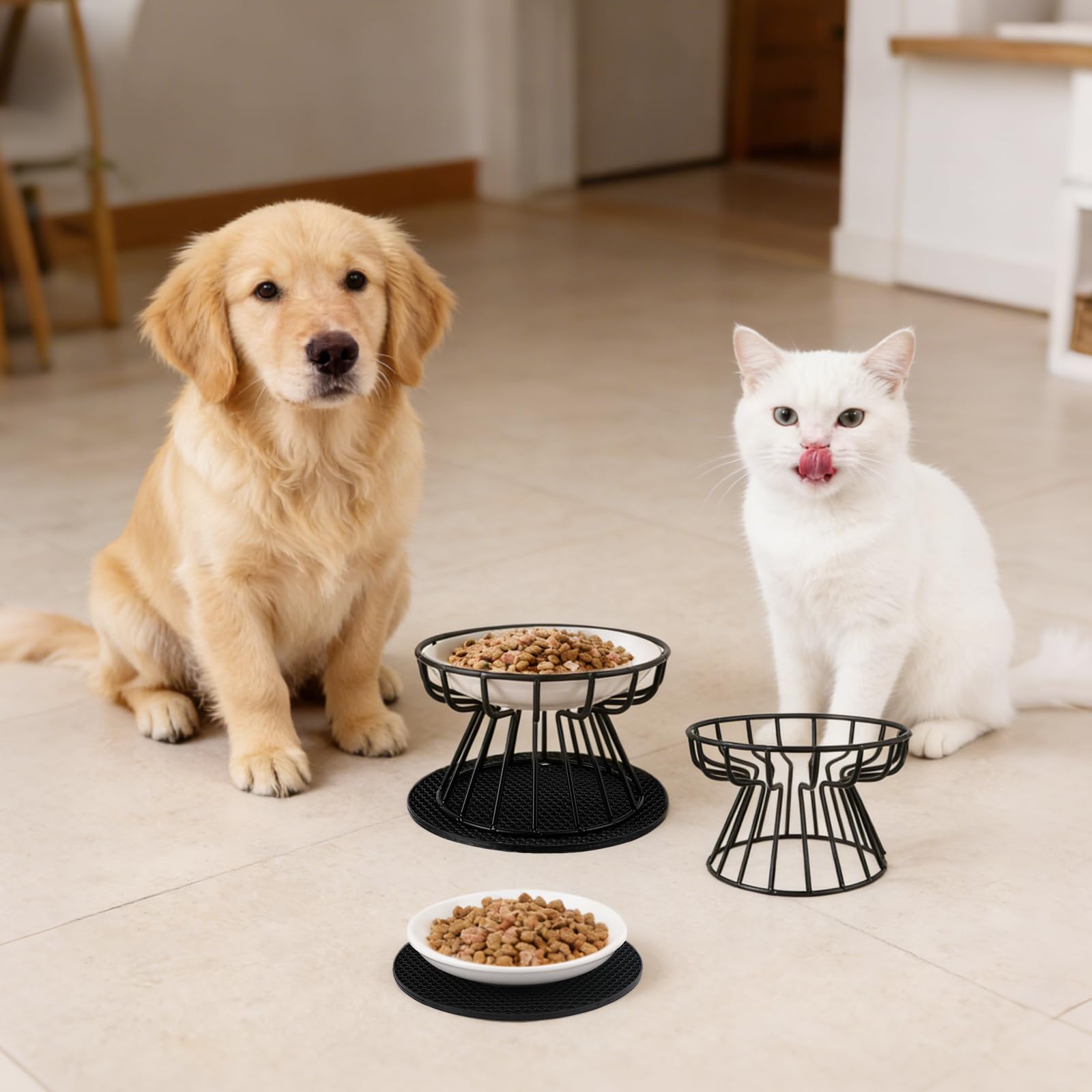 Ciotole per Gatti in Ceramica Rialzate con Supporto Antiscivolo - Set da 2 Pezzi per Cibo e Acqua