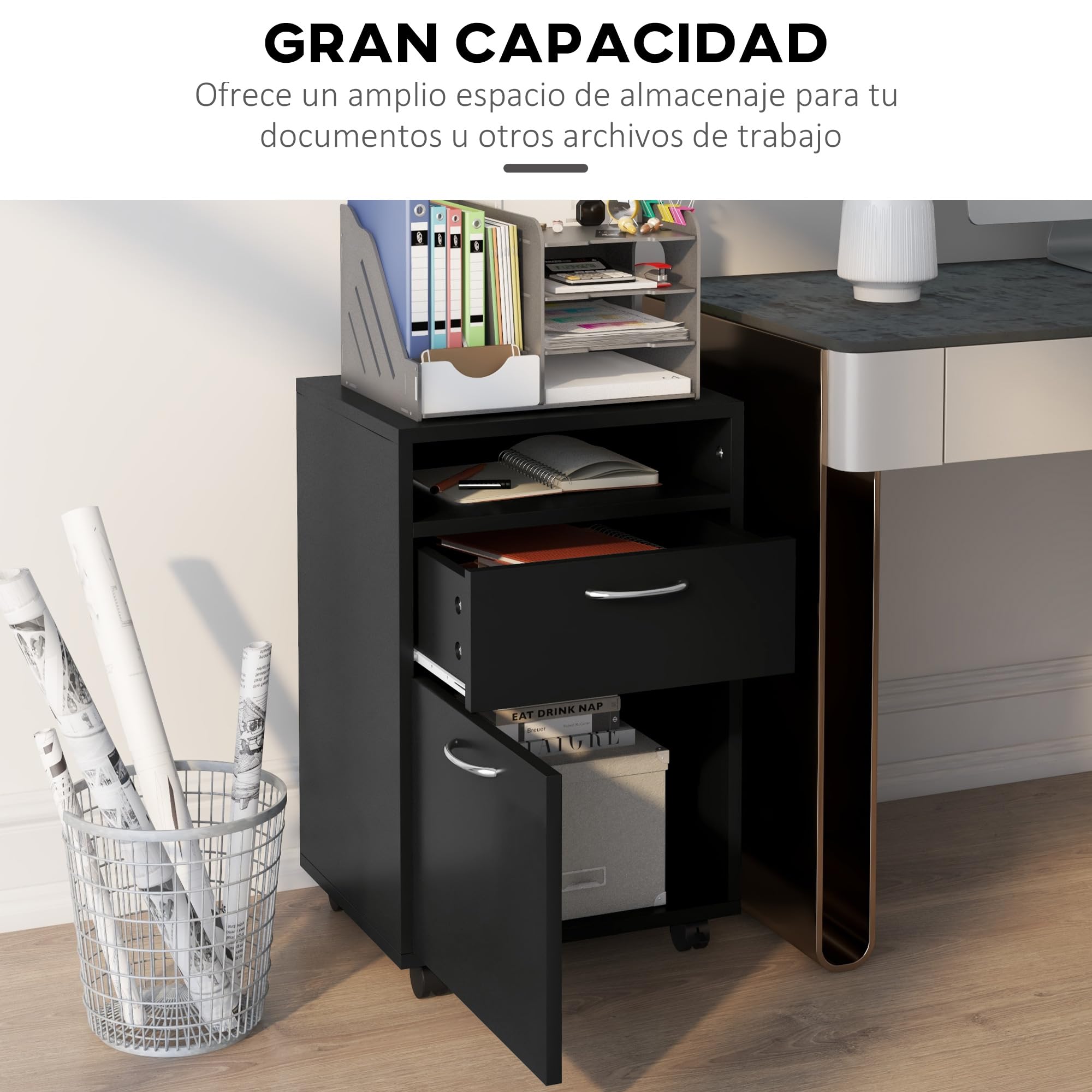 HOMCOM Cajonera de Escritorio con Ruedas, Cajonera de Oficina con Cajón, Compartimento, Puerta, Archivador Móvil para Estudio, Salón, 40x35x60 cm, Negro