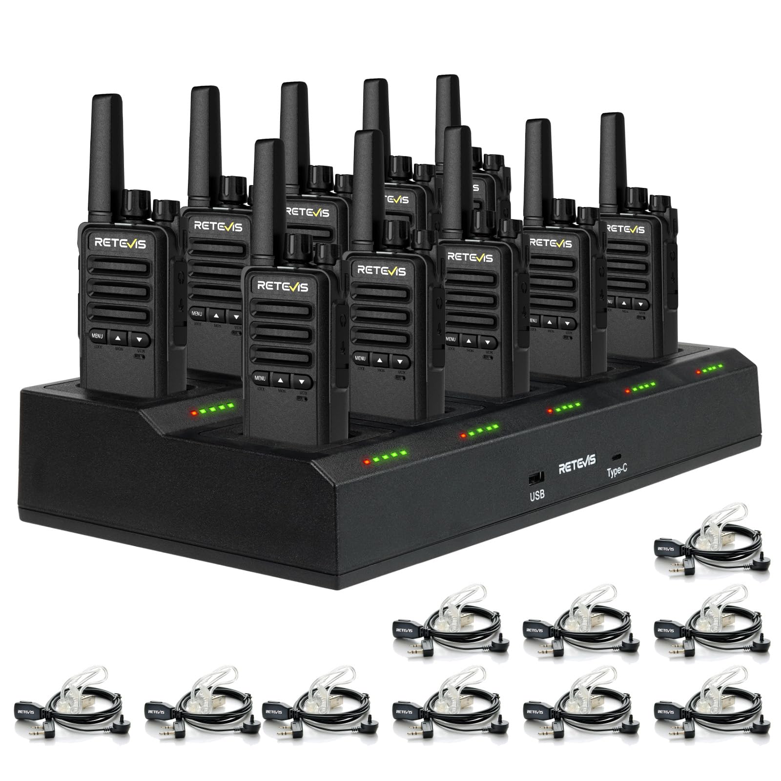 Retevis RT668B Walkie Talkie Professionali, PMR446 Walkie Talkies, USB-C, 16 Canali, Professionali Walkie-Talkie Ricaricabile per Sicurezza, Ristoranti(10 pezzi, con caricabatterie a 10 canali)