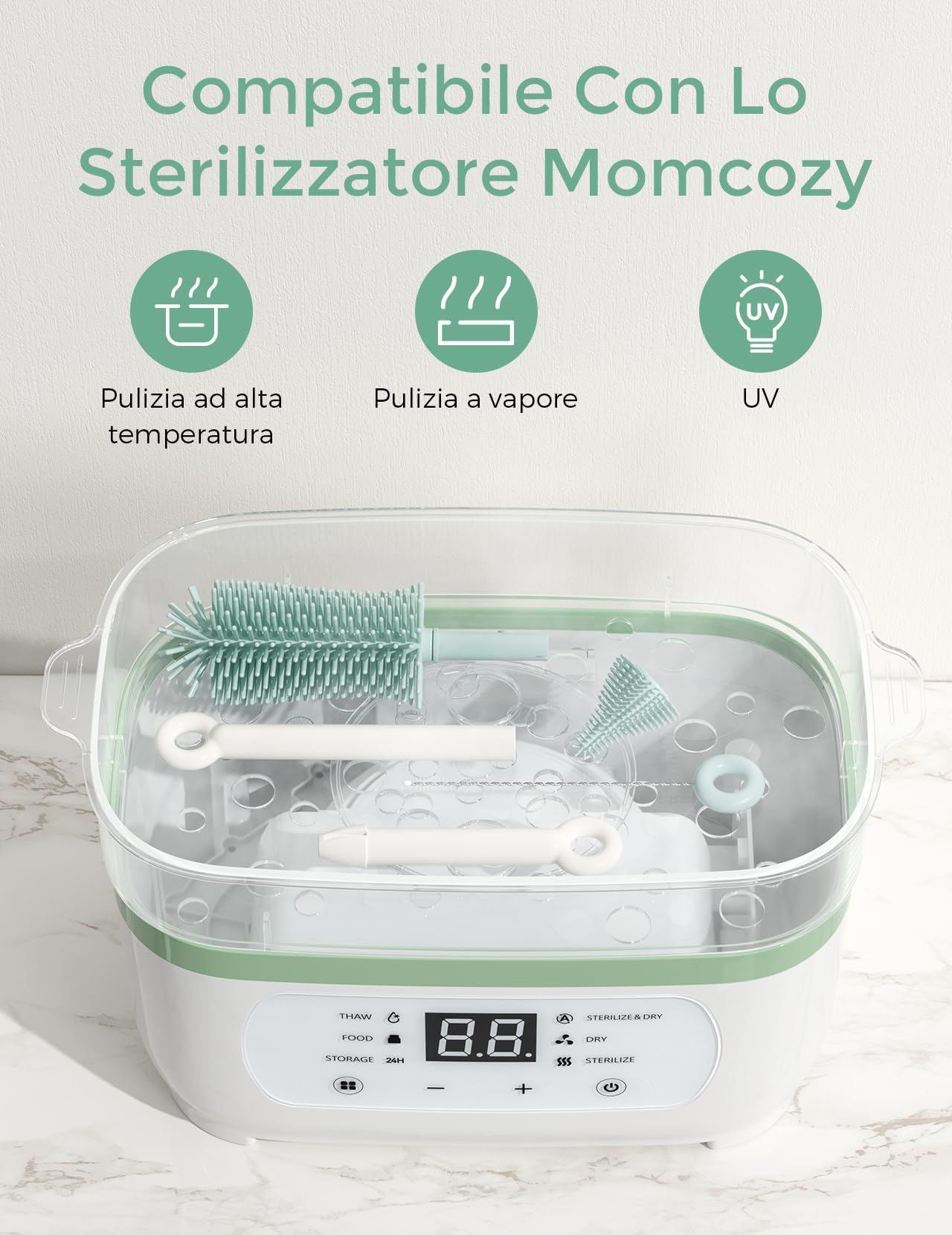 Momcozy Set 7-in-1 per biberon – kit pulizia completo con spazzola in silicone, punta per tettarelle, pulisci-cannucce, dispenser di sapone e scolapiatti