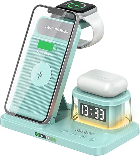 Cargador rápido inalámbrico plegable 5 en 1 con reloj transparente de luz nocturna para dispositivos Apple para iPhone 16 15 14 13 12 11 Pro Max