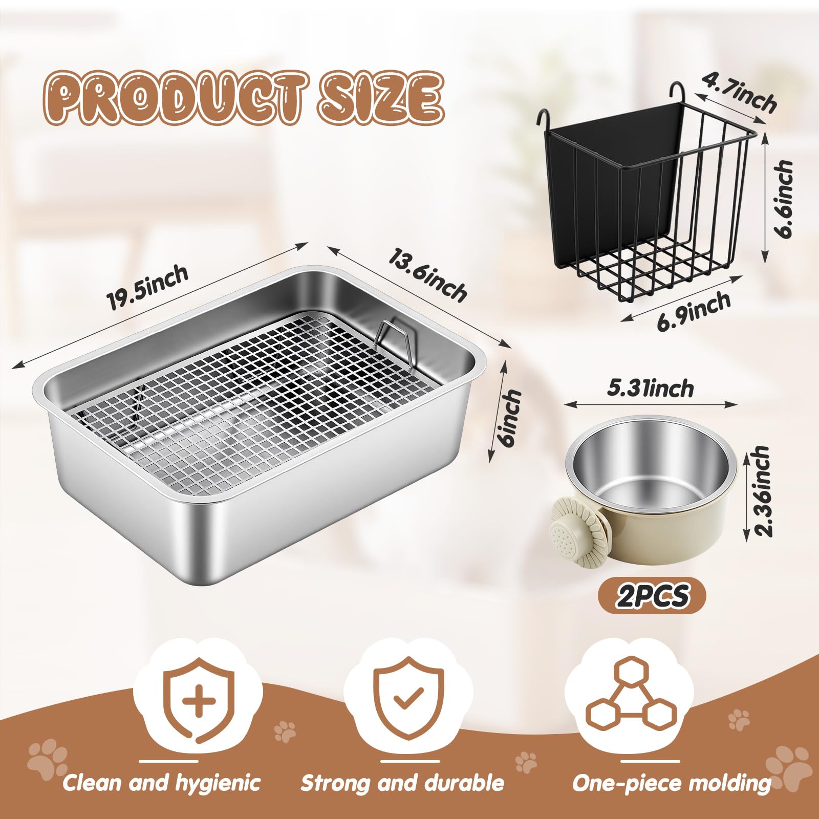 Maxcheck 5 Pcs 3 in 1 Large Stainless Steel Rabbit Litter Box with Raised Grid, High Back Bunny Litter Pan with 2 Pcs Pet Hanging Bowl and Hay Feeder for Rabbits Bunny Guinea Pigs - image 3