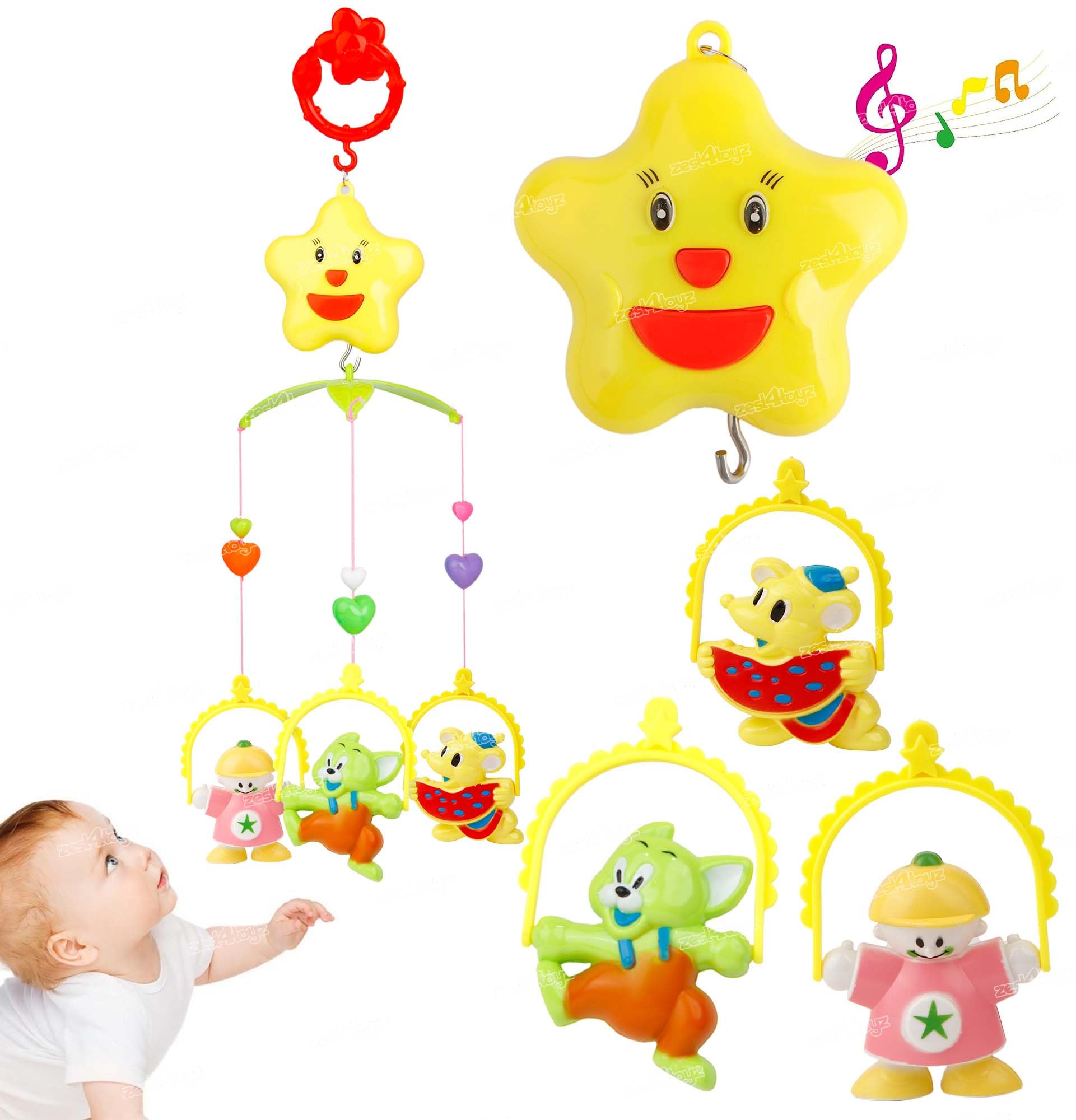 Zest 4 Toyz Musical Wind-up Cot Mobile Ring with Hanging Toys Soft Soothing Music for Babies for Baby 1+ Months