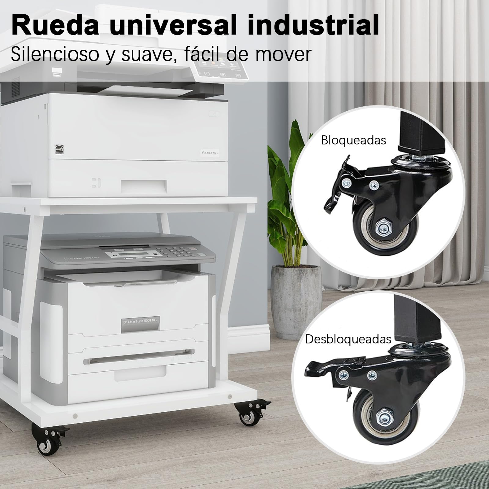 PUNCIA Soporte para Impresora con Ruedas 50 x 50 cm Mesa para Impresora de 2 Niveles Móvil de Madera y Metal Carro para Organización con Estantes de Almacenamiento para Oficina Hogar Escuela Blanco