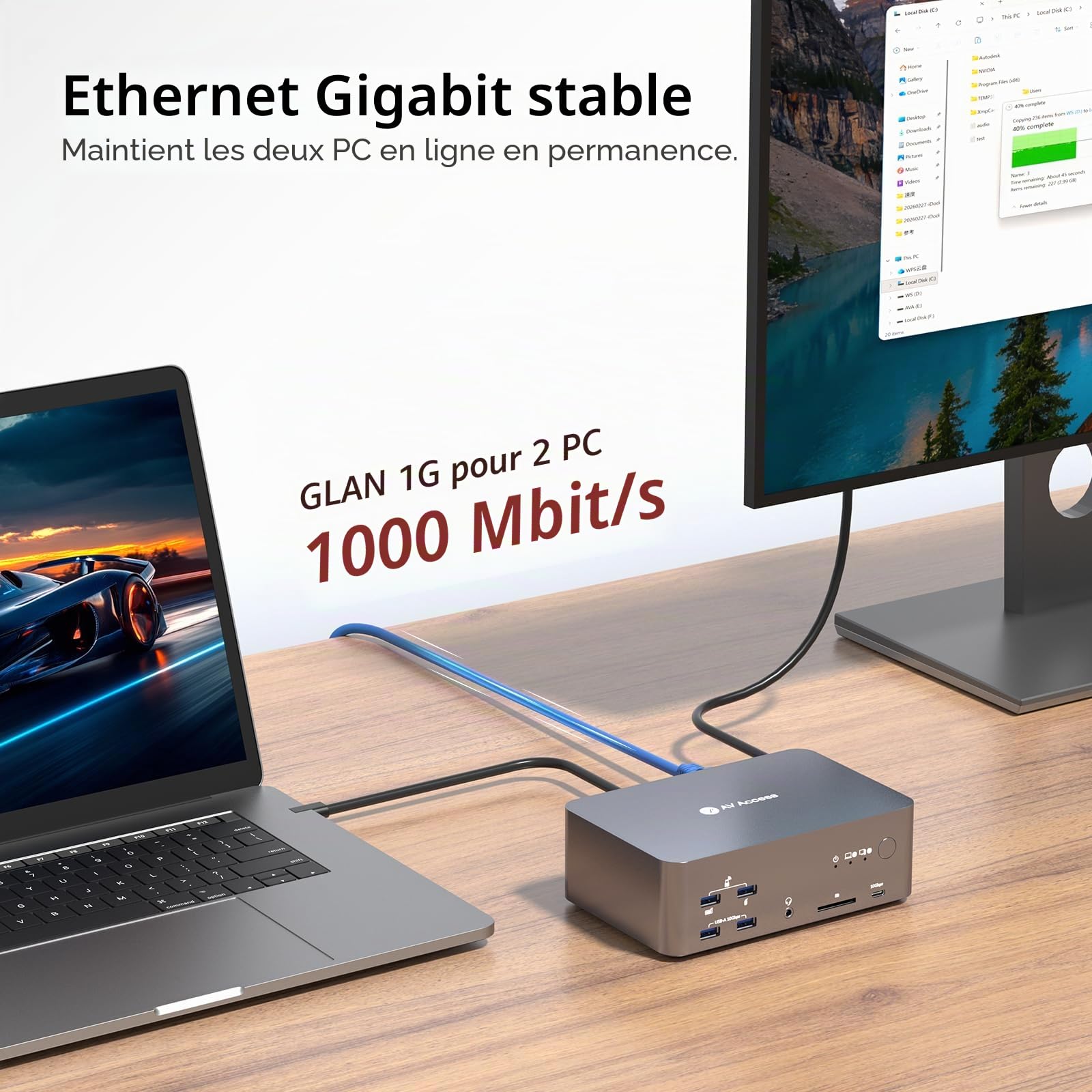 Commutateur KVM 8K AV Access 8K, 3 moniteurs, 2 ordinateurs, station d'accueil KVM pour ordinateur portable + ordinateur de bureau, 100 W PD, GbE, 2 concentrateurs USB 3.2 10 Gbit/s USB-C, lecteur SD