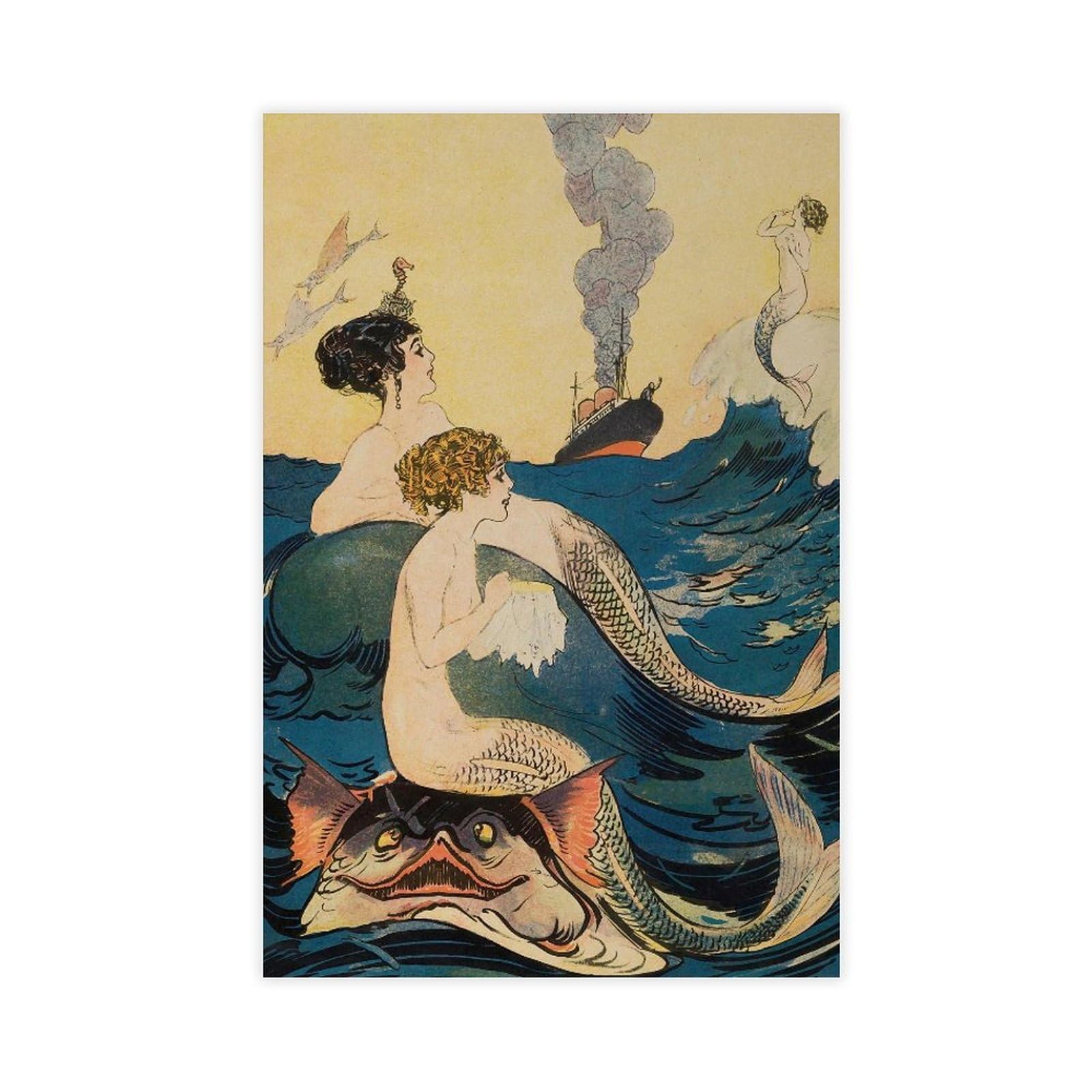 Wjwart Vintage Print Mermaids Poster Vintage Canvas Poster Wall Art Print Picture Paintings 20X30inch(50X75cm)