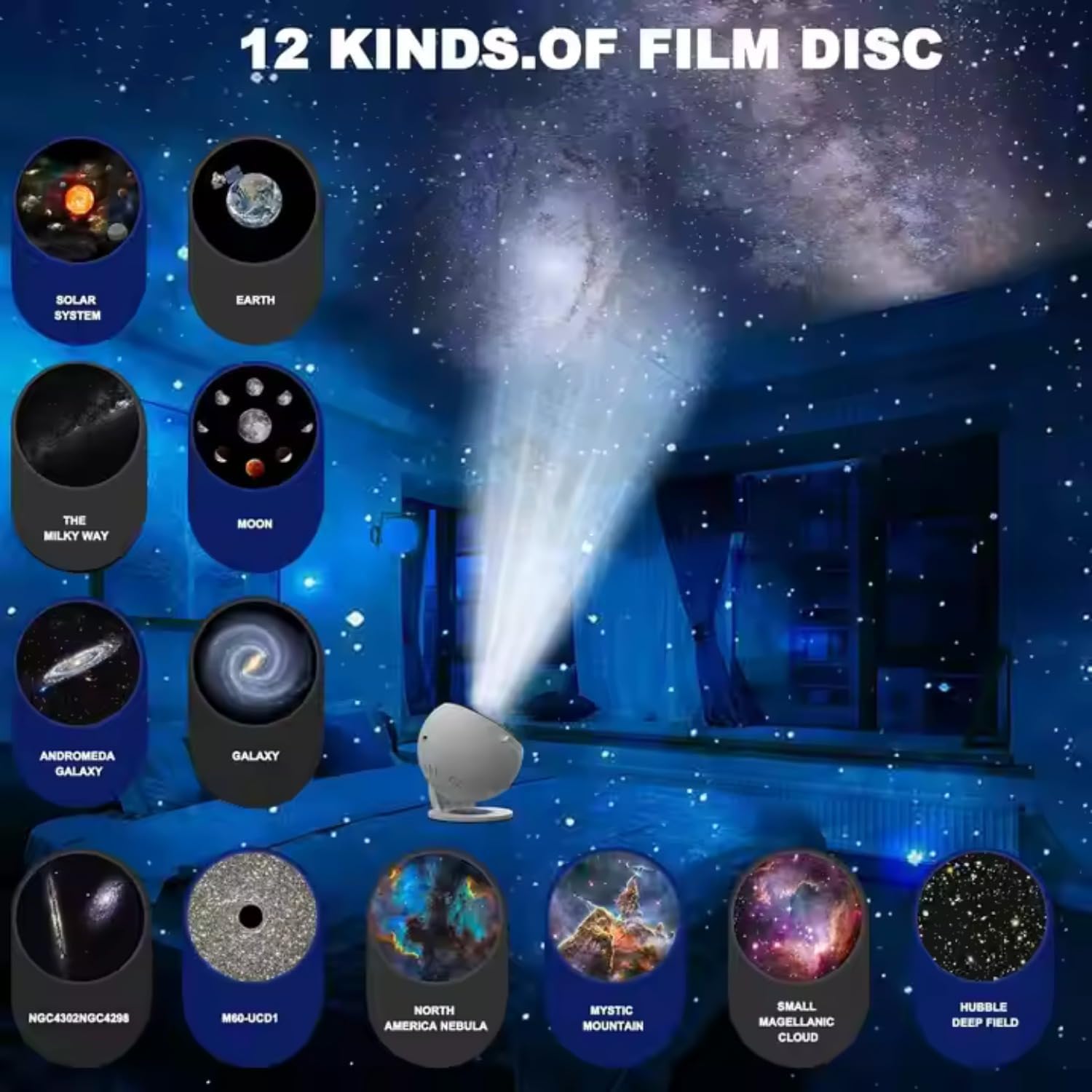 One94Store Galaxy Projector Night Light – HD Star Projector with 12 Replaceable Film Discs & Timer | Planetarium Ceiling Light for Bedroom, Kids & Adults | Starry Sky & Milky Way Lamp (White) - Image 2 thumbnail