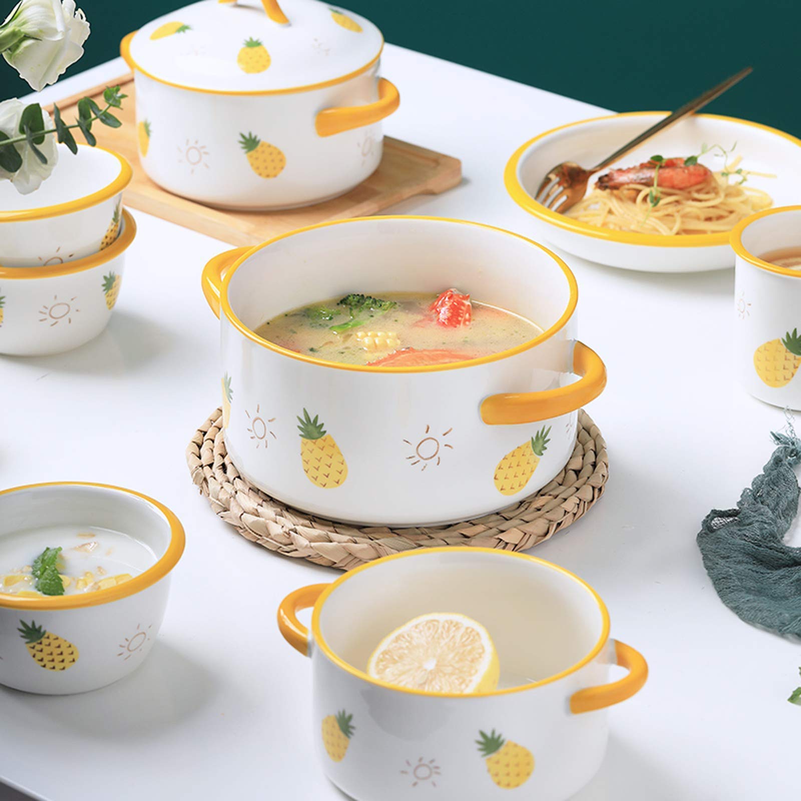 Juego de vajilla de Cocina, vajilla de cerámica, Juego de vajilla de Porcelana Serie Pineapple de 25 Piezas, Olla con Tapa, tazón para Cereales y Plato para Car(