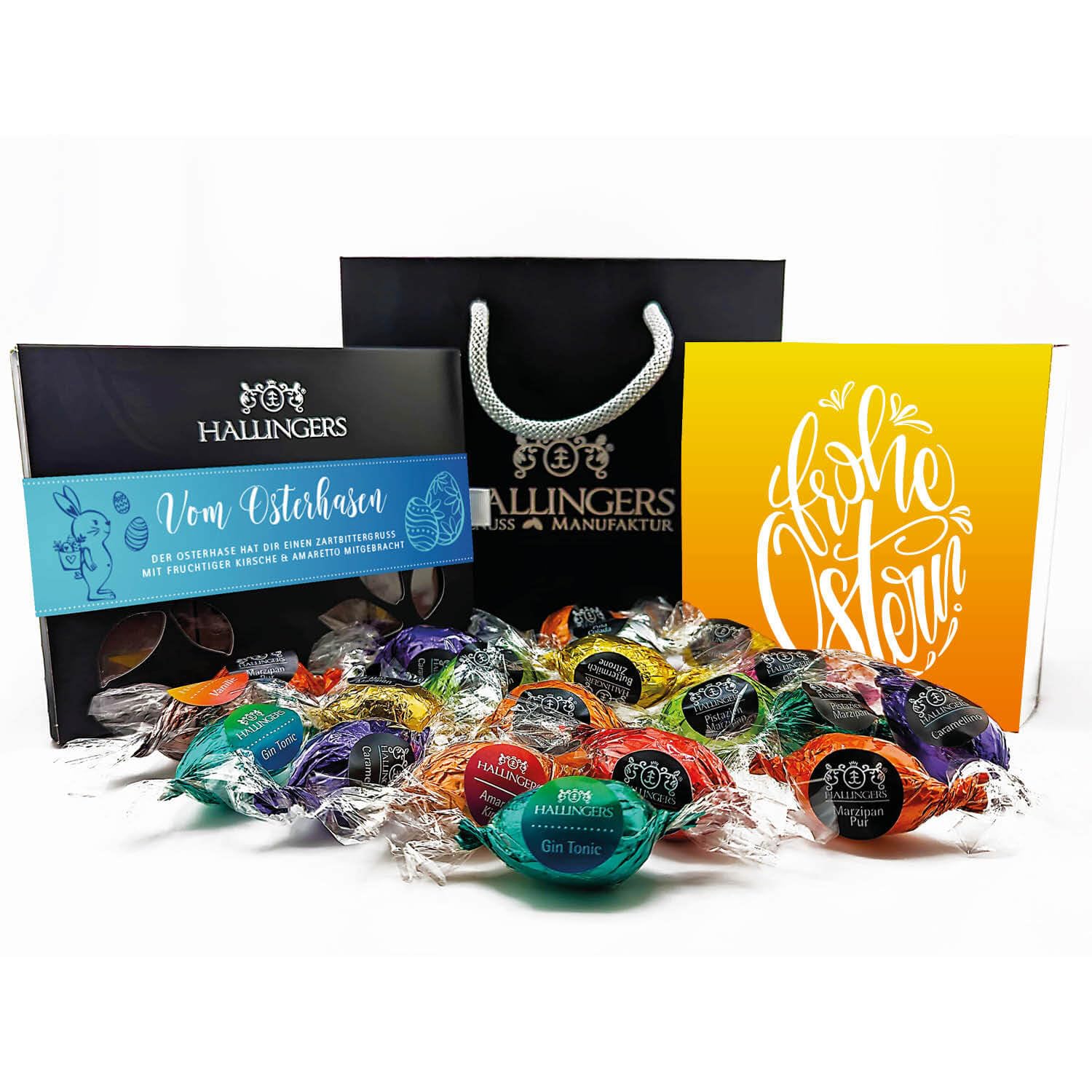 Hallingers Genuss Manufaktur Feinkost Oster-Geschenk-Set - XL-Geschenkkorb "Easter Bag yell..." großes Osternest 1 Schokoladen-Tafel, 9 Trüffel & 20 Pralinen-Ostereier, Ostern Körbchen für Frauen