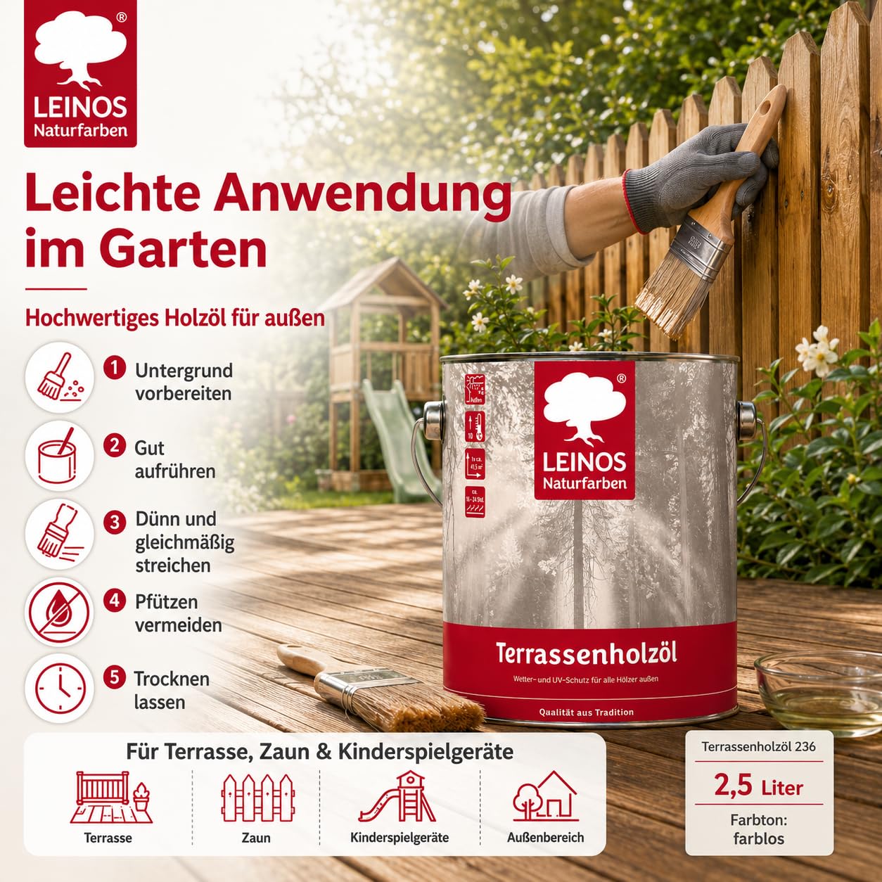 LEINOS Terrassenholzöl 236 | 2,5 Liter | Hochwertiges Holzöl für außen | Für Terrassen, Zäune, Kinderspielgeräte | Farbton: farblos | Tiefer Holzschutz & leichte Anwendung