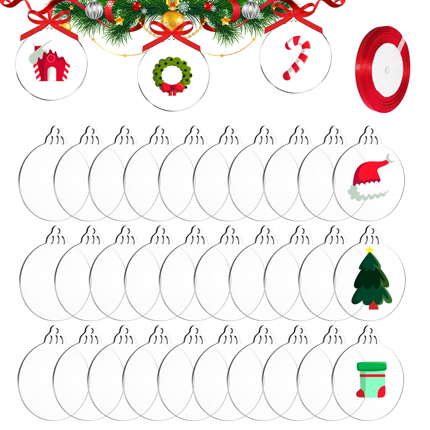 DARENYI Acrylic Baubles Blanks for Xmas, Christmas Hanging Ornaments Craft Blanks Circles Acrylic Discs with Hole Clear Perspex Discs for Christmas Tree Hanging DIY Decoration Red Ribbon(30pcs, 3'')