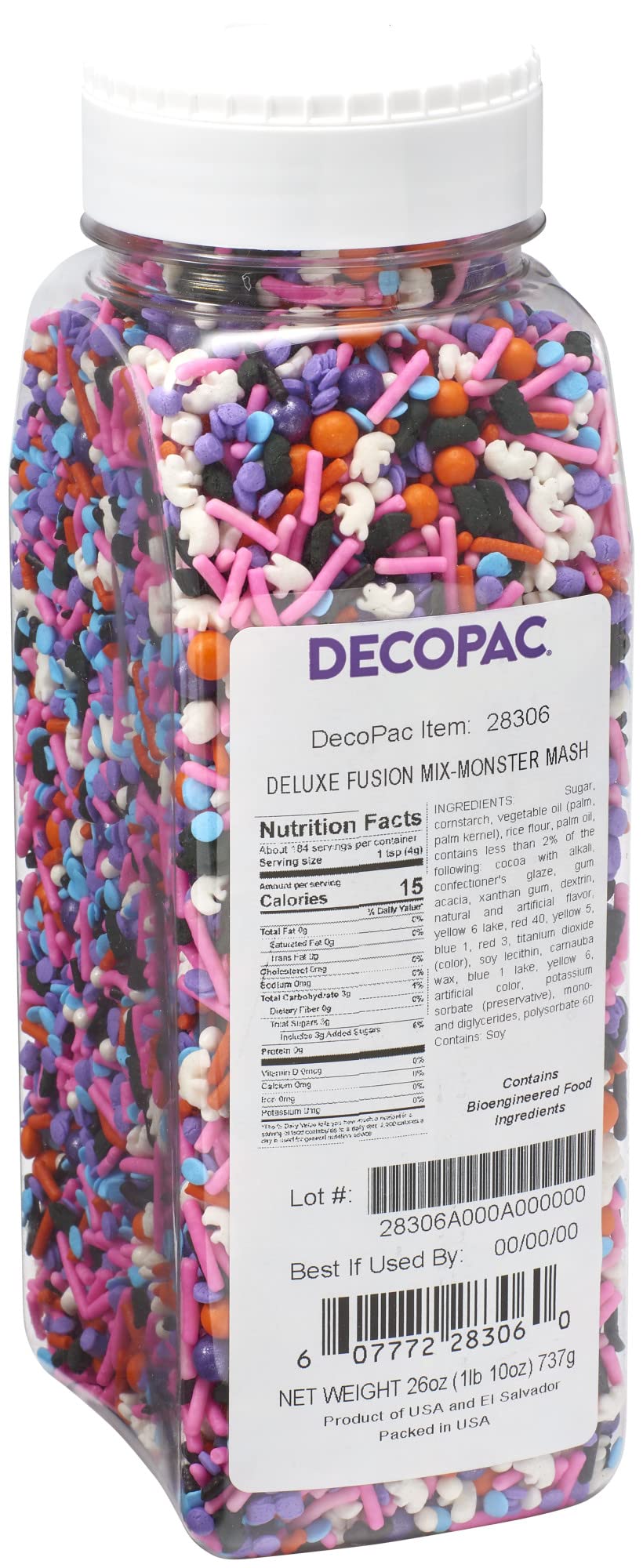 DECOPAC Monster Mash Deluxe Fusion Mix, 26oz, Fancy Candy Sprinkles in Handheld Container, Edible Sprinkles For Celebration Cakes, Cupcakes, Cookies and Donuts, Multicolored - Orange, white and black