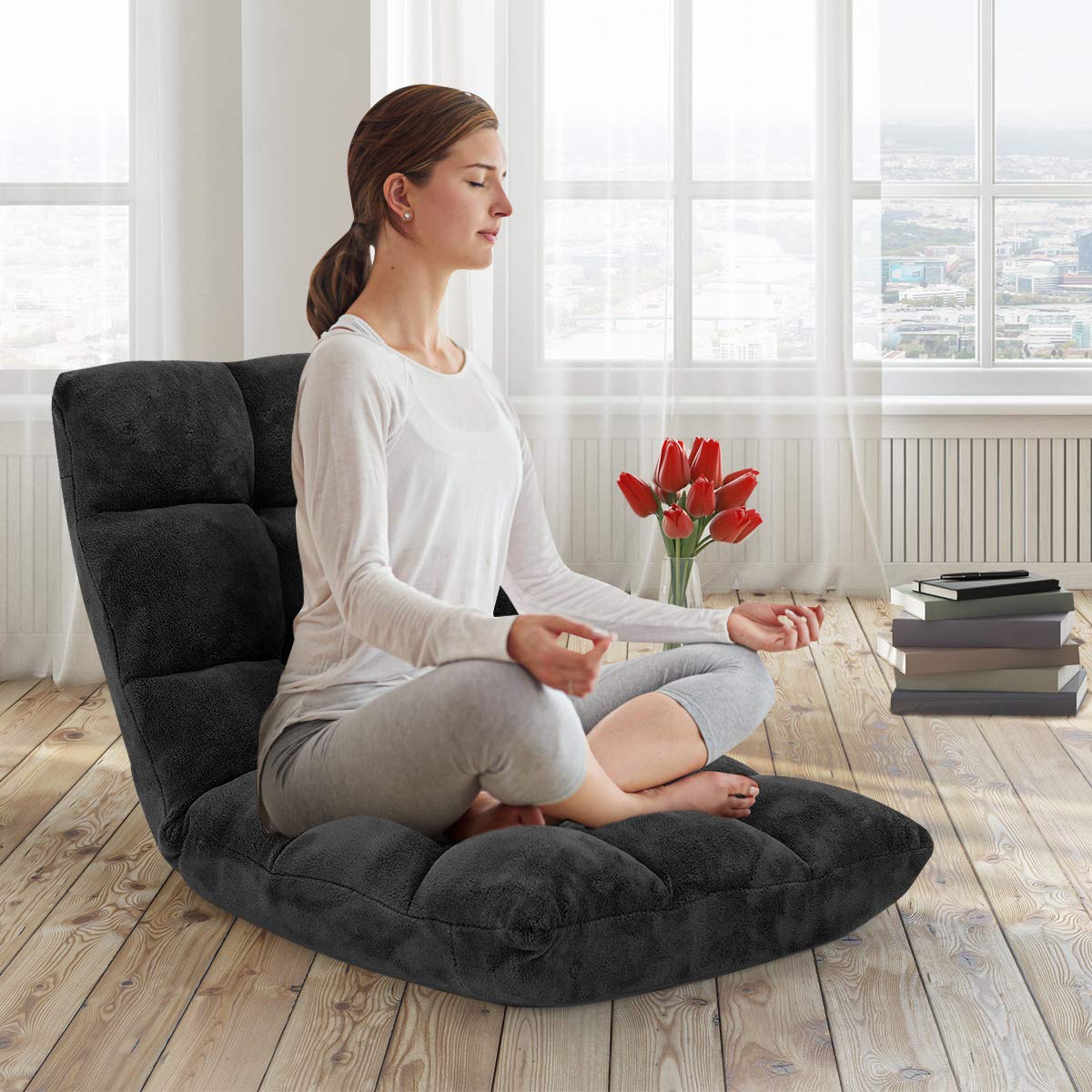 LIFEZEAL Divano da Terra con Schienale Regolabile tra 90°e 180°in 14 Posizioni, Sedia Imbottita da Pavimento con Telaio in Metallo per Meditazione, Lettura, Relax, Soggiorno