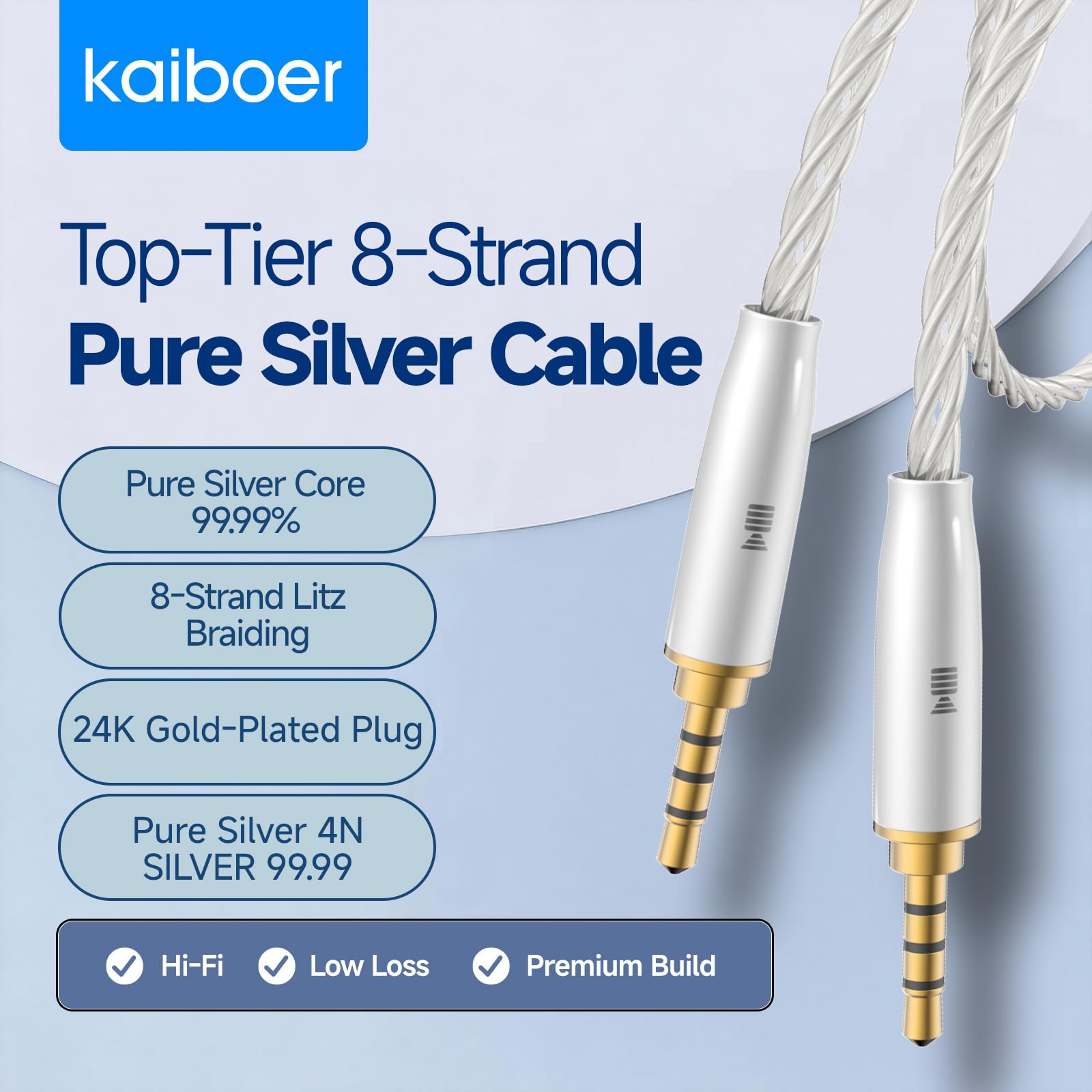 Cable de audio de alta gama de 3,5 mm, cable auxiliar 4N de 8 hebras de plata pura (99,99%), cable estéreo con trenzado y enchufe chapado en oro de 24 quilates para audiófilos, auriculares