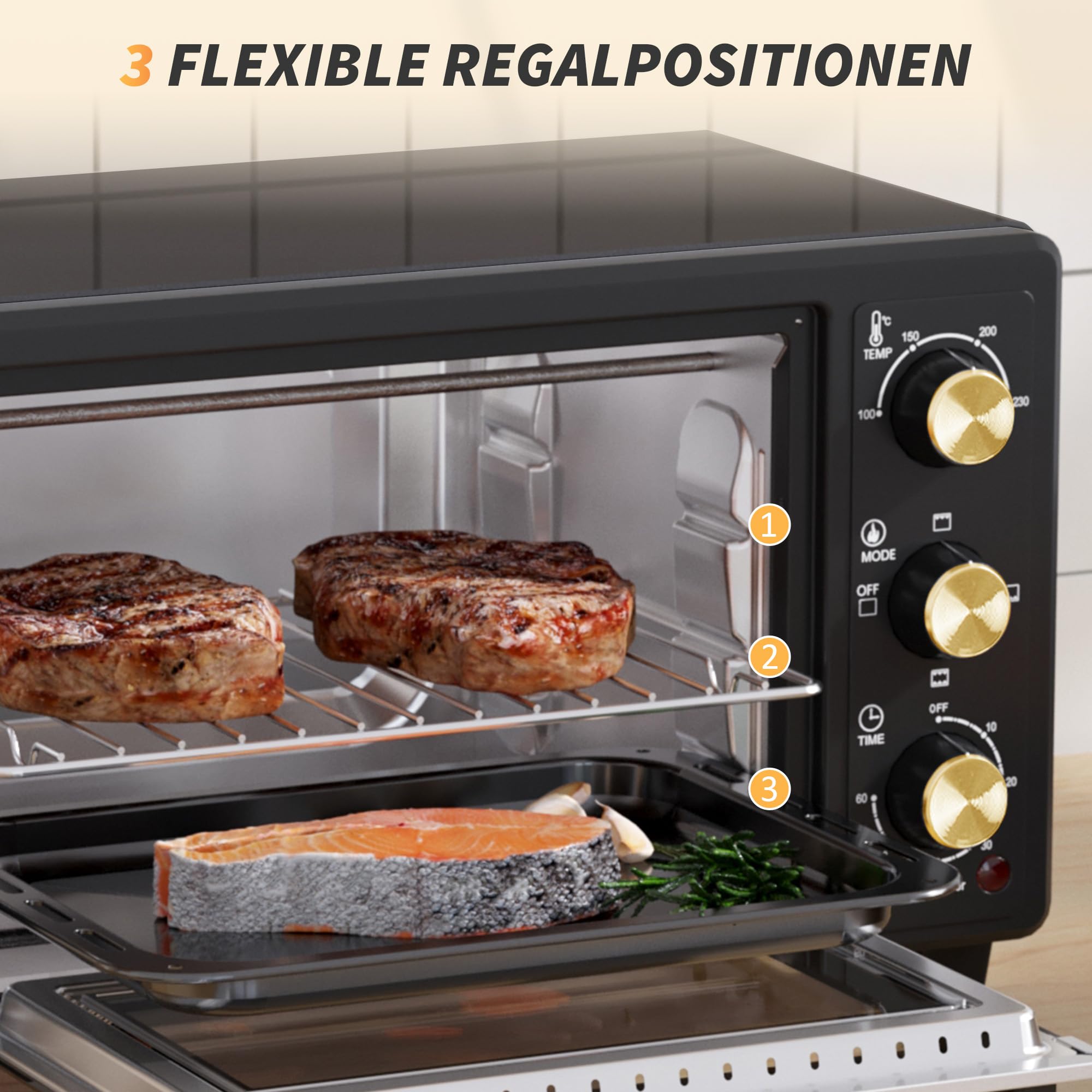 HOMCOM Mini piekarnik 16 l, 1400 W, 100-230℃, timer 60 min, w zestawie blacha do pieczenia i ruszt do grillowania, mini piekarnik z uchwytem tacy, czarny