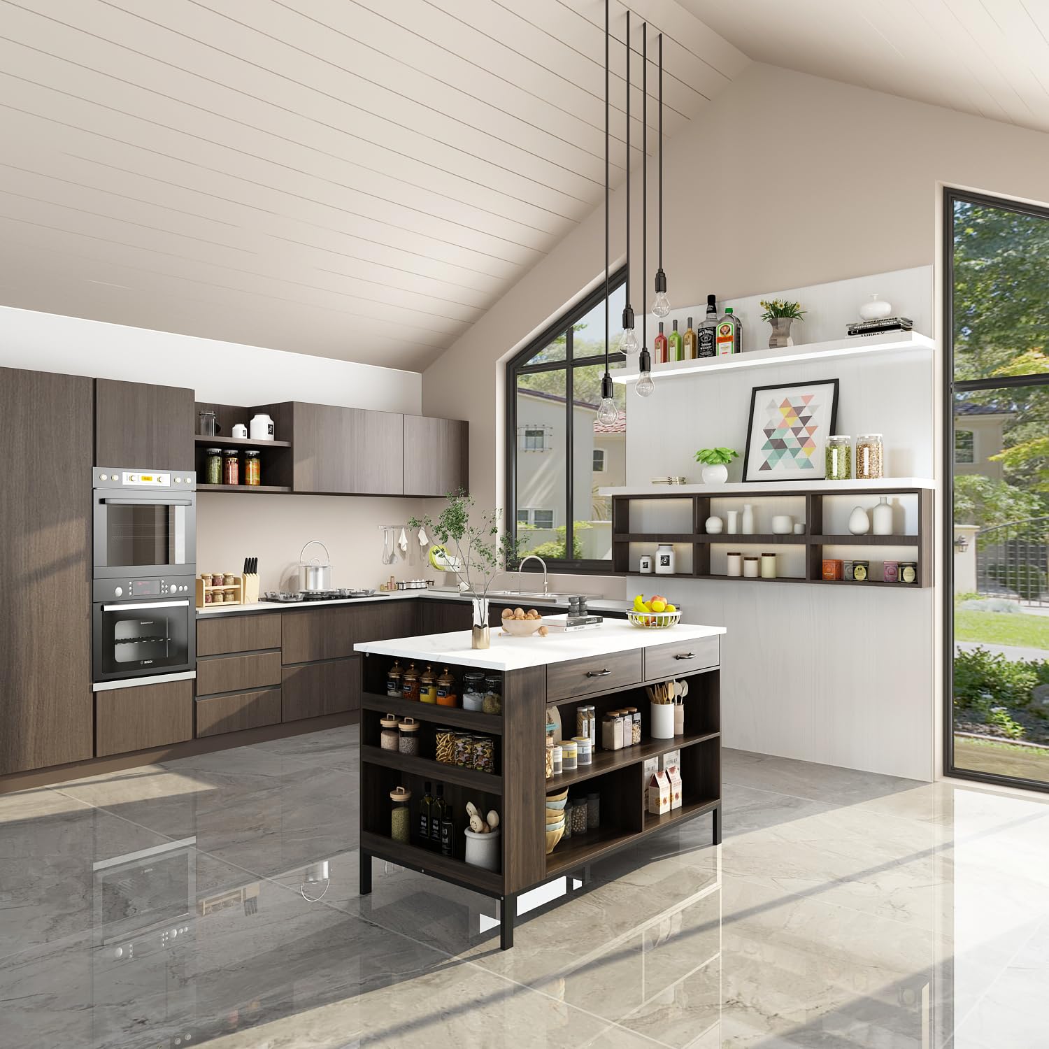 Isola da cucina marmorizzata - mobile 2 cassetti, tavolo da colazione, bar e ripiani MDF 75x140x92 cm