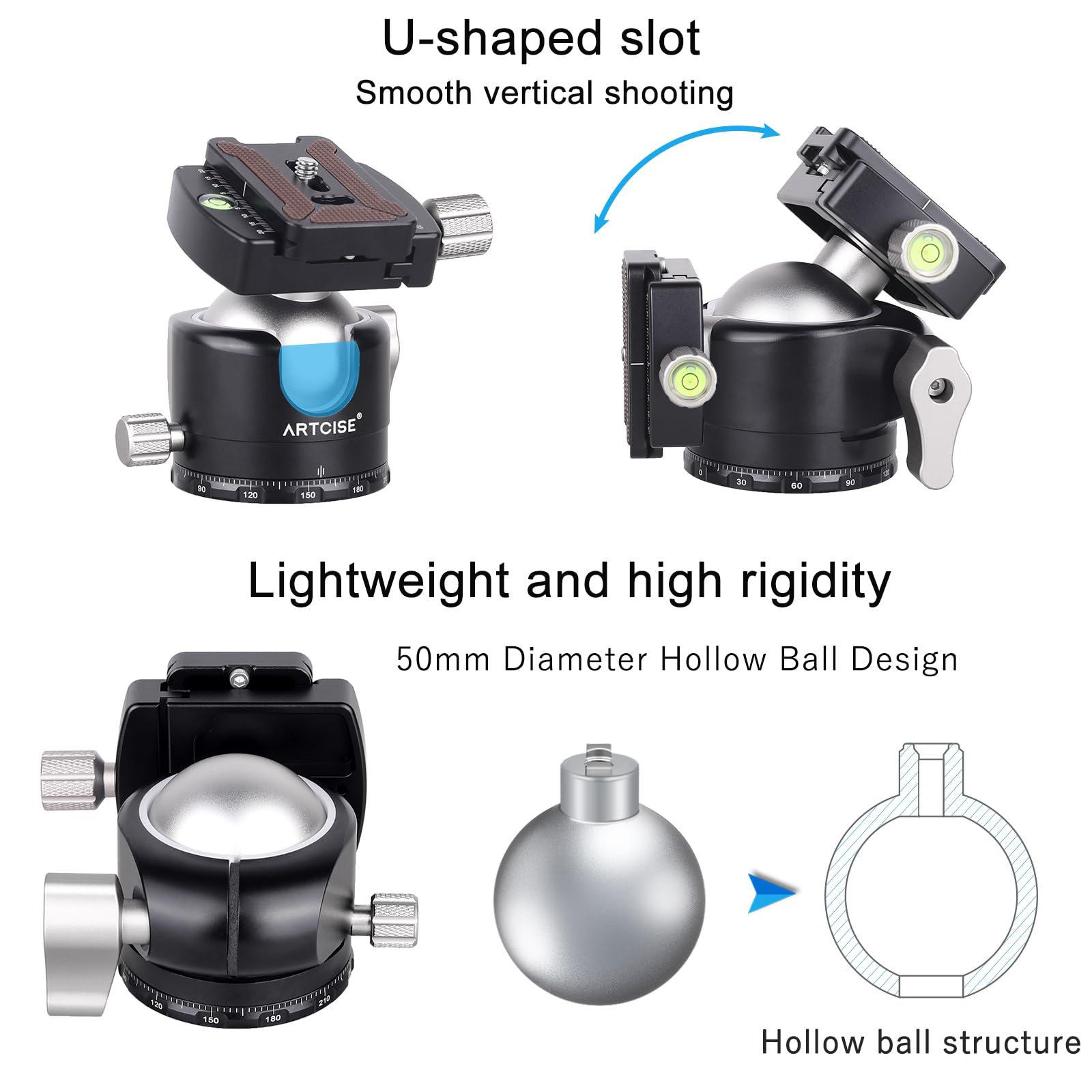 Testa a sfera a profilo basso ARTCISE, testa per treppiede in metallo da 50 mm compatibile con piastra di sgancio rapido Arca 1/4" per treppiede monopiede fotocamera DSLR, capacità di carico: 30kg