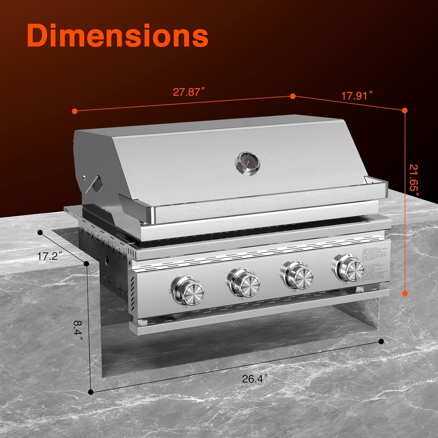 Diagram showing the dimensions of the COWSAR 28-Inch Built-In Gas Grill.