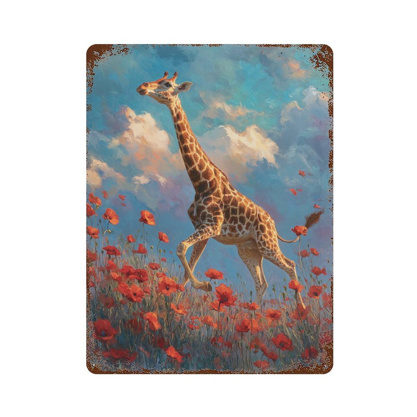 Giraffe in Poppy Field-1 Rusty Metal Tin Sign 15.7"x11.8", Vintage Wall Decor for Garage, Pub Or Kitchen