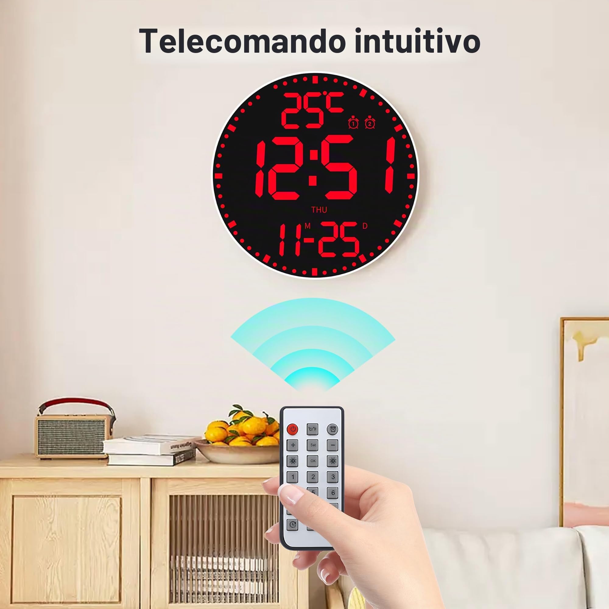 Grande Orologio Digitale da Parete Rotondi, Schermo LED da 30cm/11.6", 12 Colori RGB, Orologi da Parete Grandi Digitali con Telecomando, Orologi da Parete LED, Luminosità Automatica, Sveglia