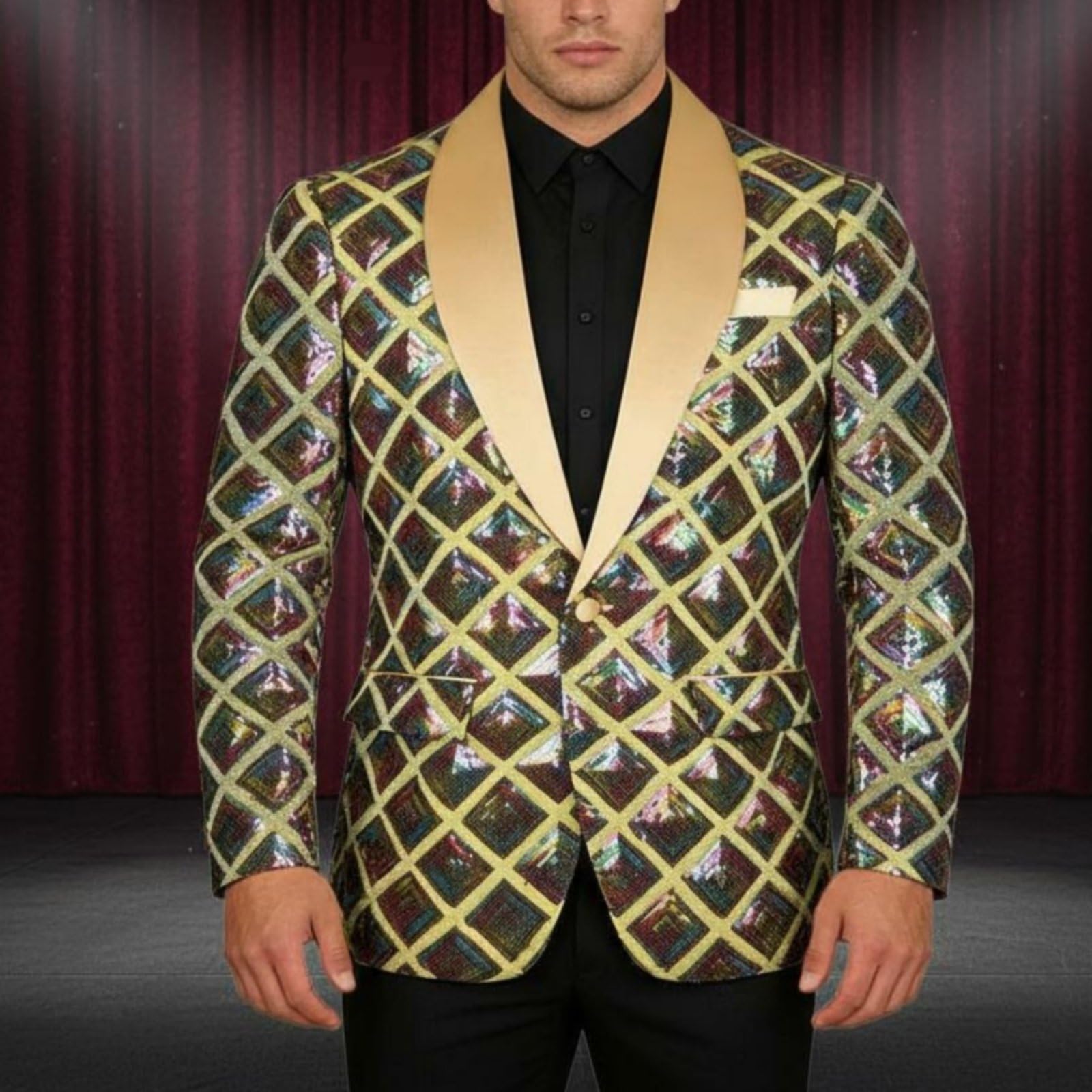 Giacca da Uomo con Paillettes Design Elegante Jacket Paillettes Monopetto Giacca Dinner Jacket Brillante per Artisti, Presentatori, Palcoscenico, Oro, S