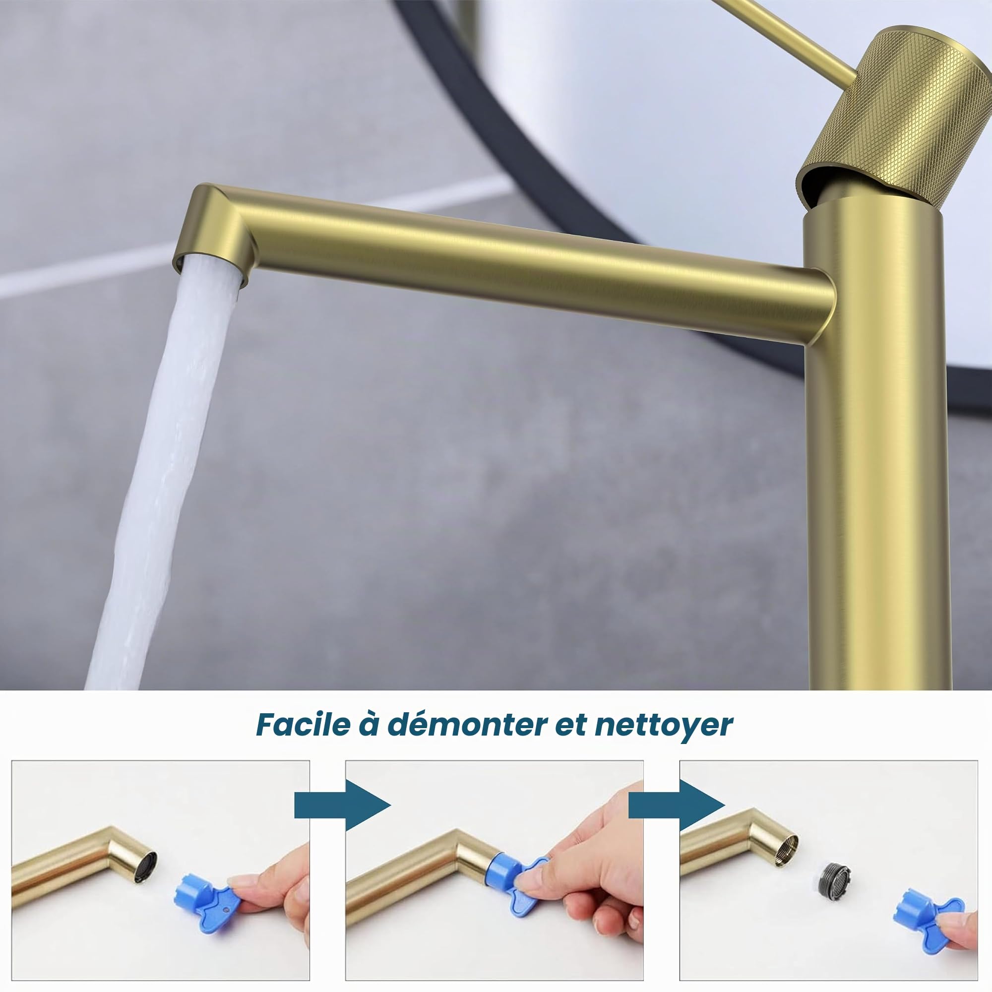 Krobec Mitigeur Lavabo Haut, Robinet Salle Bain, Mitigeur pour Vasque a Poser, Robinet de Lavabo Haut Salle de Bains en Acier Inoxydable, Hauteur de Bec de 250mm,Or brossé.
