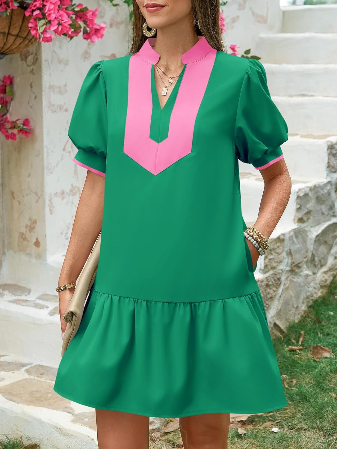 Wenrine Womens Summer Mini Dress Casual Short Puff Sleeve V Neck Color Block Loose Beach A Line Dresses with Pockets