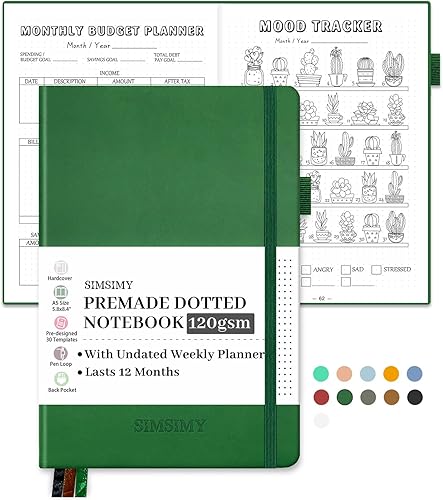 Cuaderno prefabricado con cuadrícula de puntos prefabricado, diario de cuadrícula de puntos con planificador semanal y mensual sin fecha,