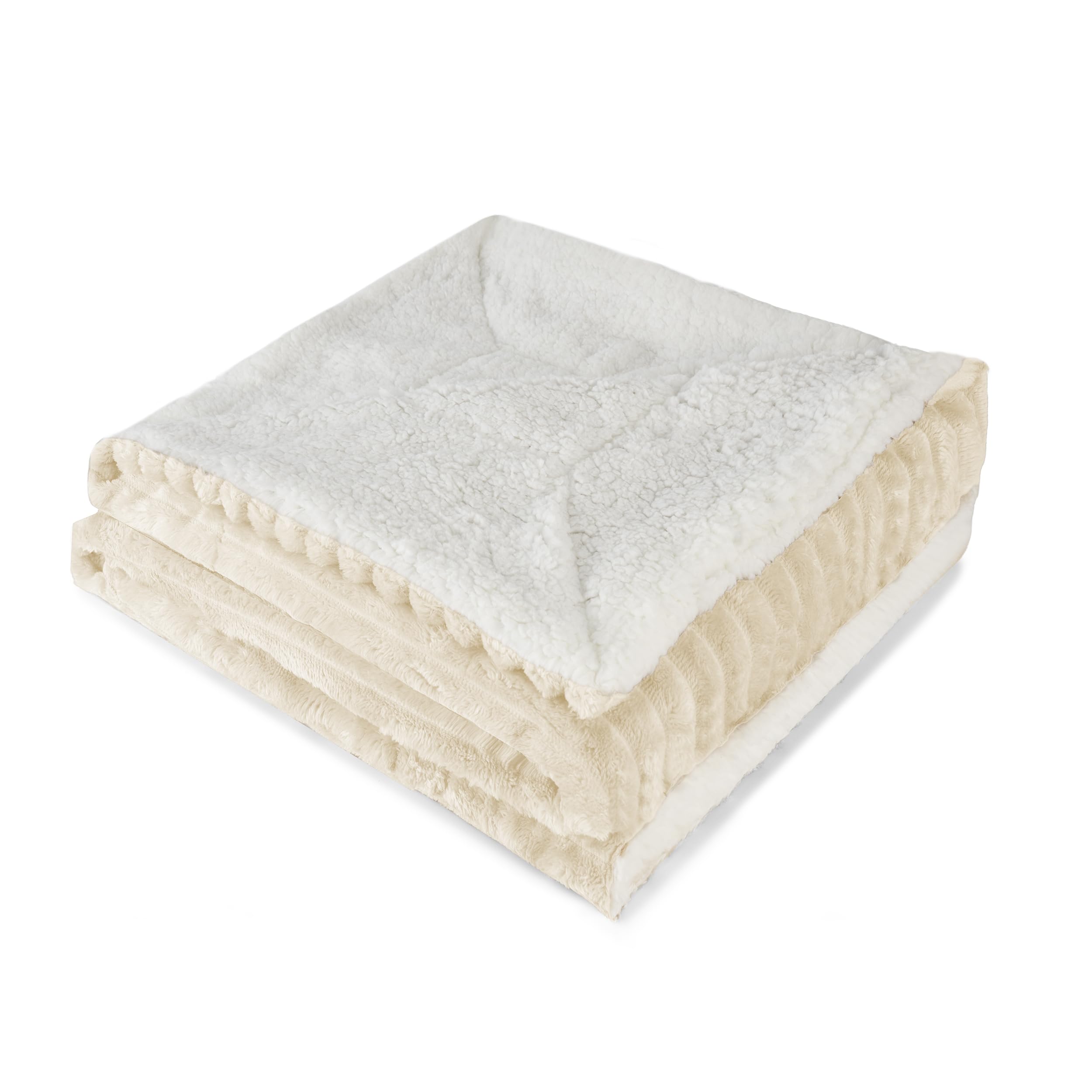 BESCH Manta Borreguito Reversible 220 x 240 cm Suave y Cálida Diseño con Textura a Rayas - Manta Sherpa Franela Gruesa Caliente, Transpirable para Invierno - Marfil
