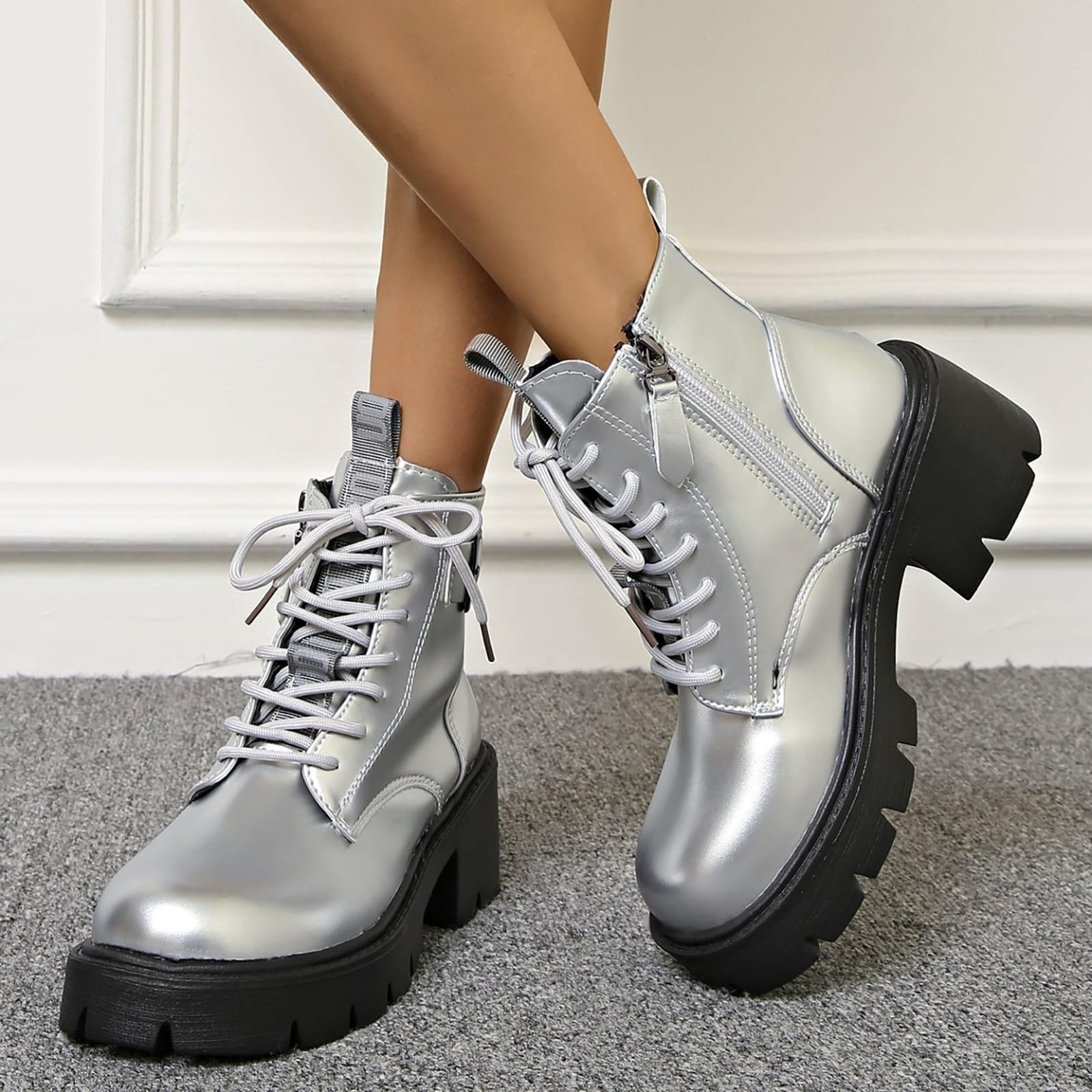 Genérico Botines Mujer Vestir con Cordones Plataforma Botas Punta Redonda Elegantes Zapatos Suaves Cómodas Caminar Bota Casuales Antideslizantes Botin para Otoño Invierno Trabajo Paseo y Uso Diario