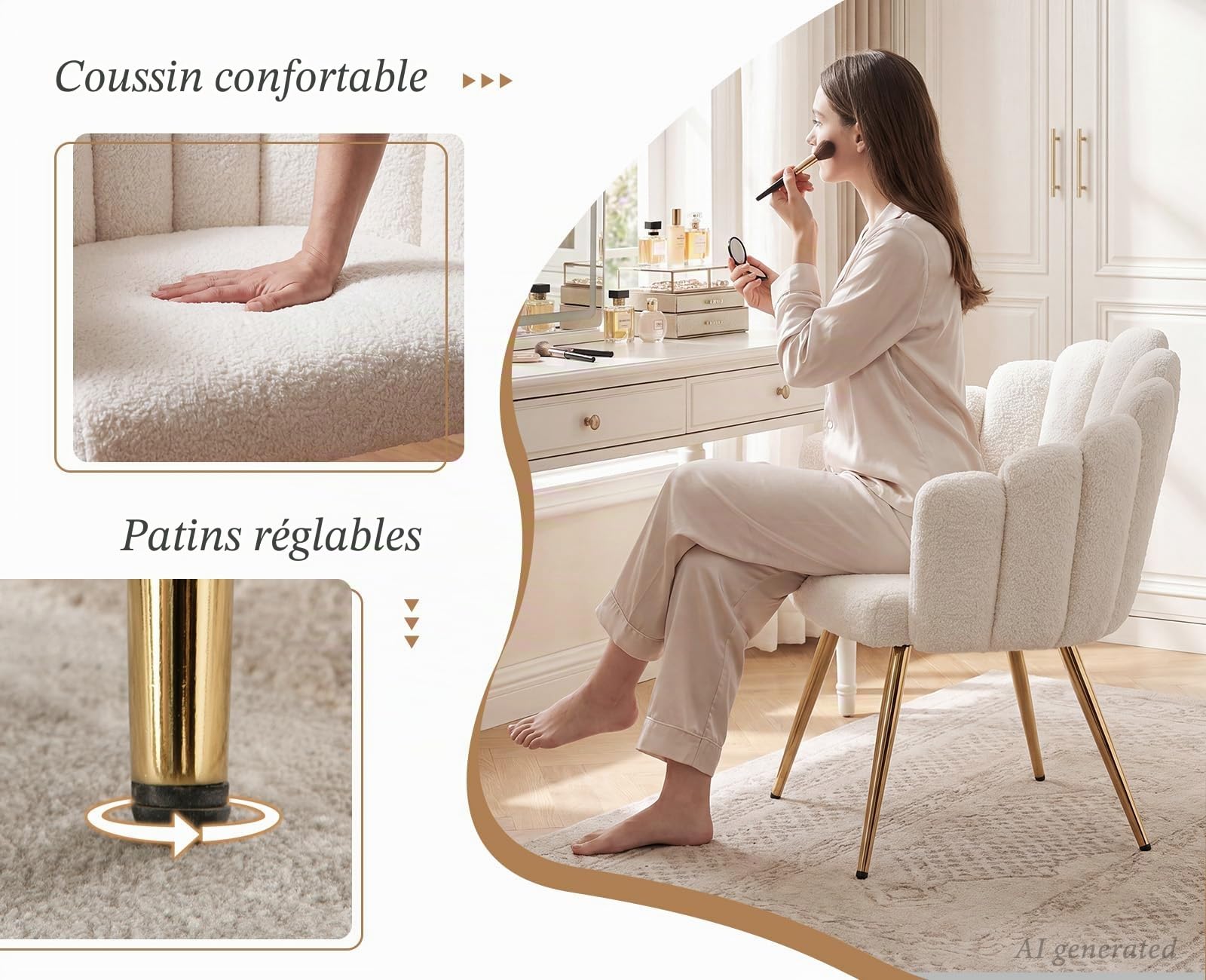 chairus Fauteuils de Salon Rembourrés en Fausse Fourrure Chaises pour Chambre avec Pieds en Métal (Blanc)
