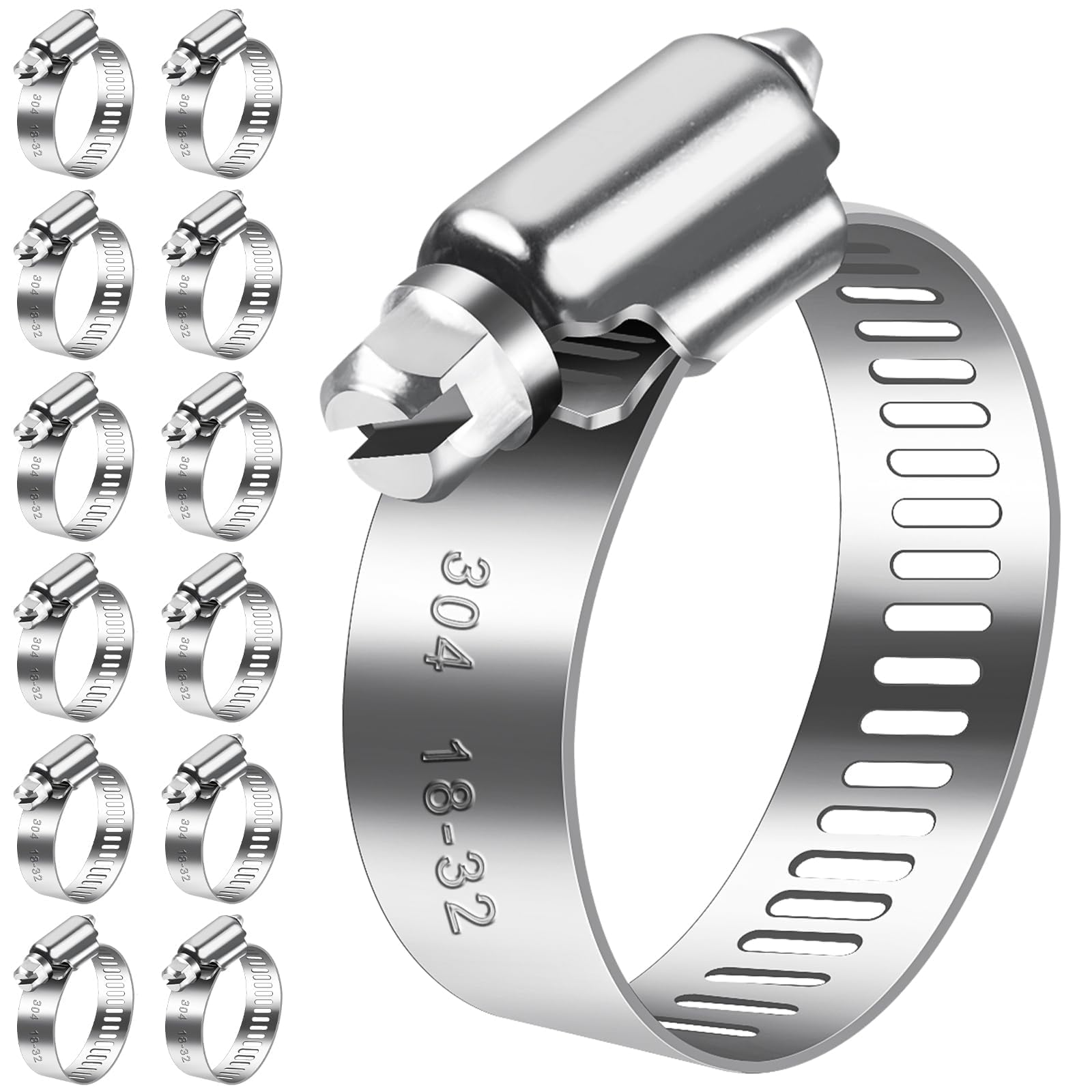 Bolatus Silver Hose Clips 18-32 Mm, 12 Pcs Hose Clamp Stainless Steel 304 Adjustable Screw Clamps, Pipe Clamps Assortment For Pool, House Gas Pipe, Garden Hose