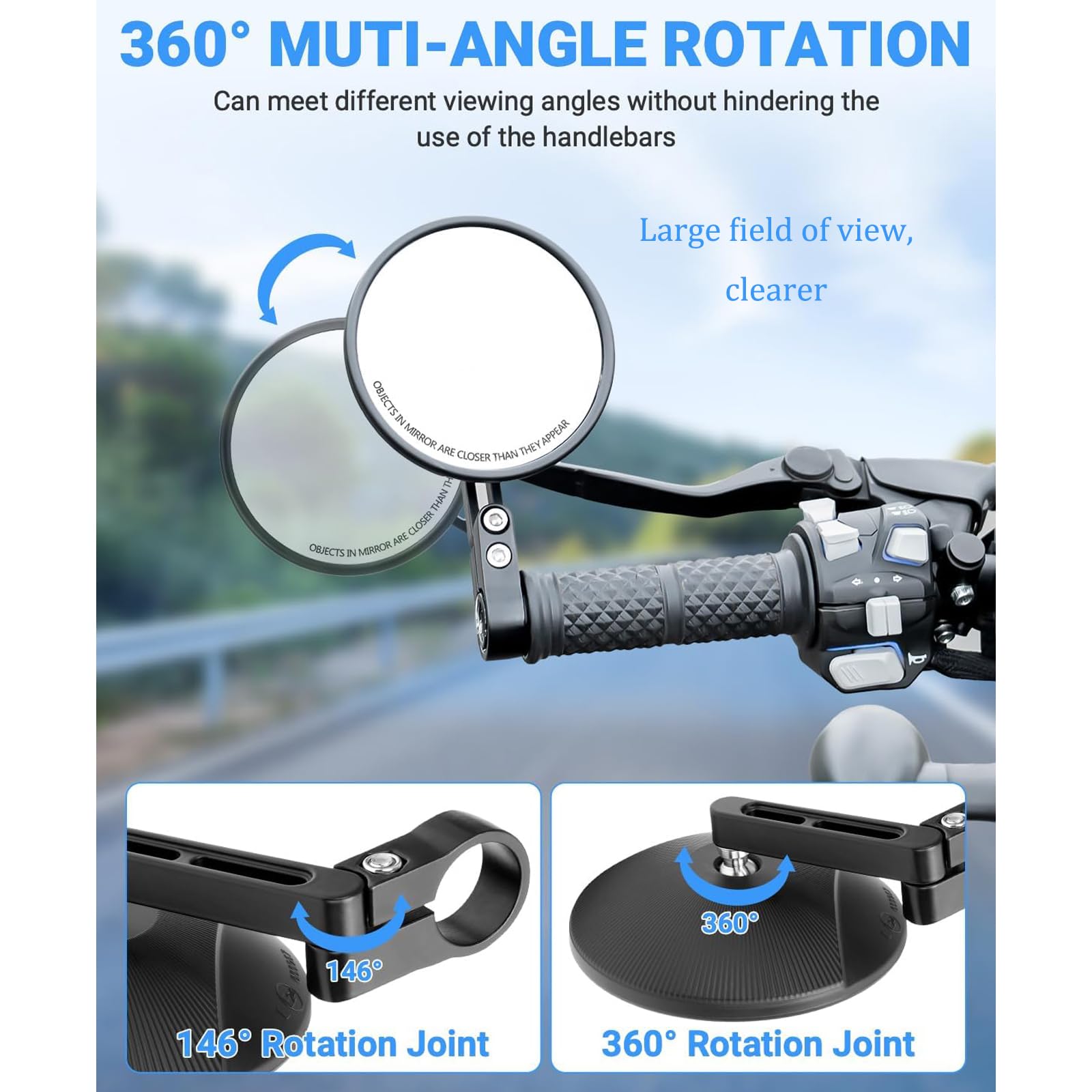 Fleymu Specchietti Moto Manubrio Round E24 Omologati, Compatibili con Manubri 22mm/25.4mm, 2 Pezzi Specchietti Pieghevoli e Ruotabili Universali per Scooter 50/Moto/Cruiser