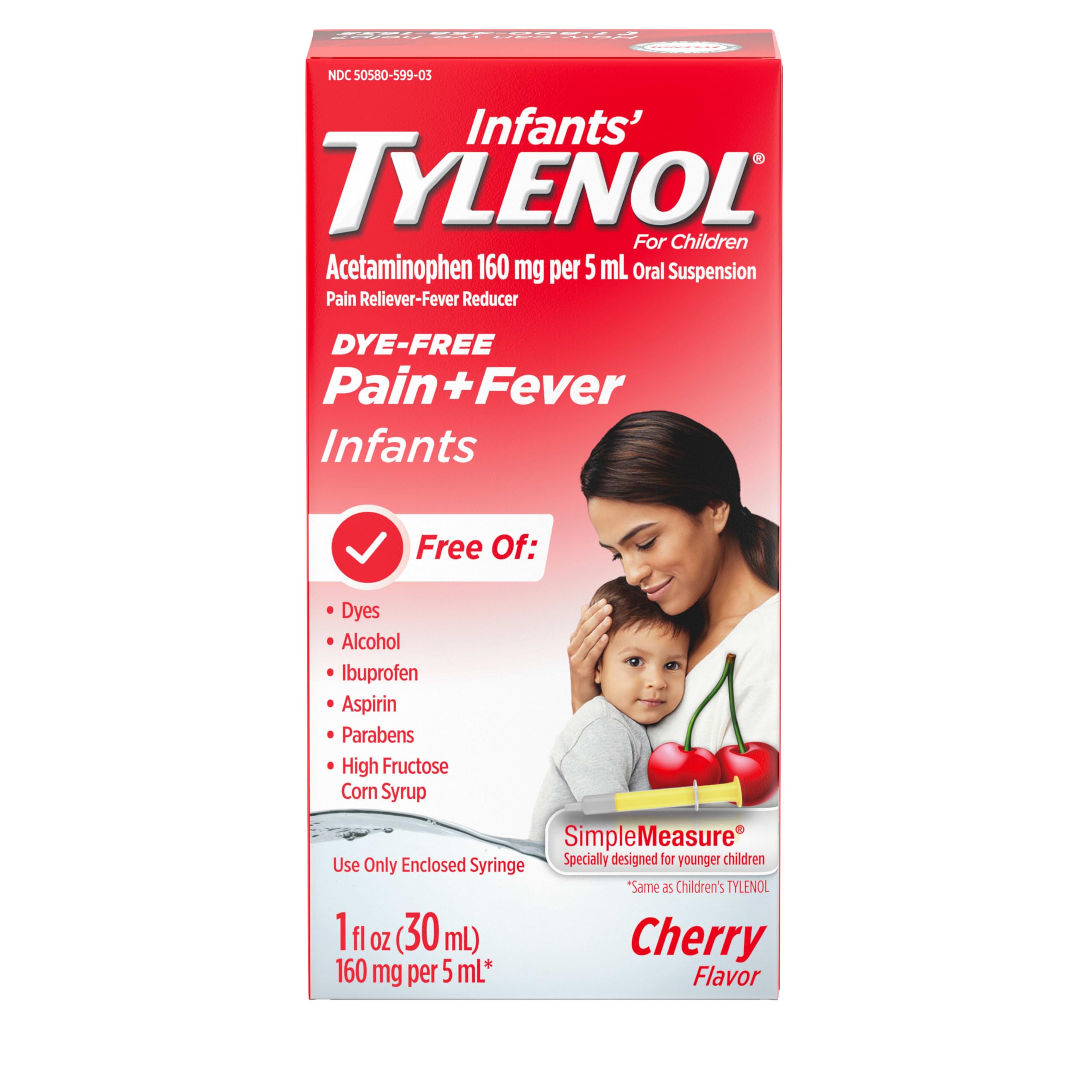 Infants' Tylenol Oral Suspension Liquid Medicine with Acetaminophen, Baby Fever Reducer & Pain Reliever for Minor Aches & Pains, Sore Throat, Headache & Teething Pain, Dye-Free Cherry, 1 fl. oz