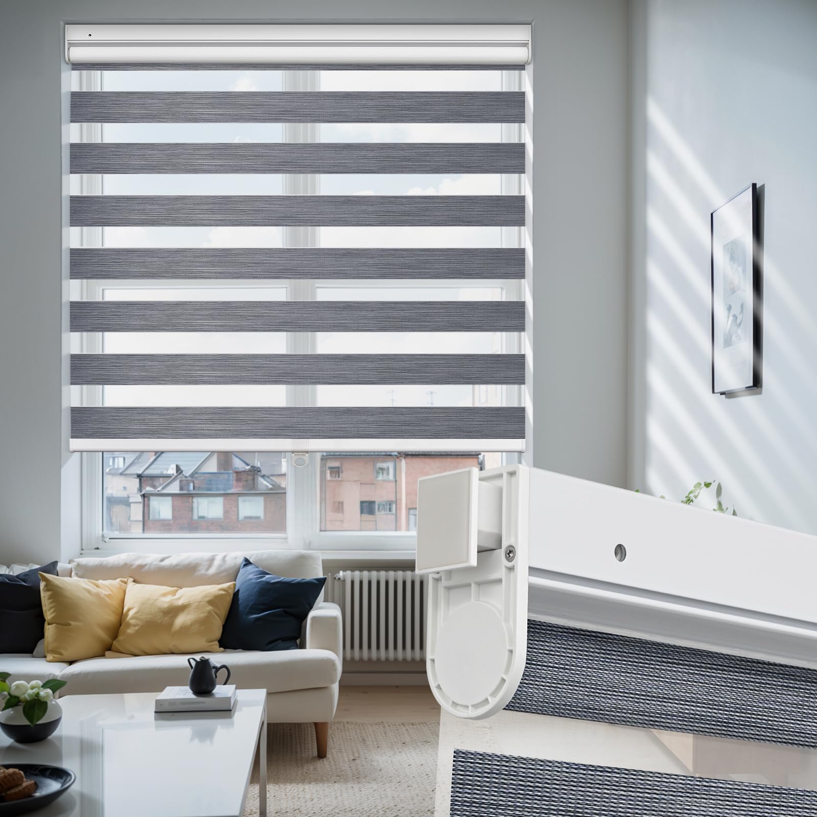 Moonice Cordless Zebra Roller Blinds No Drill No Tools Zebra Shades Dual Layer Day and Night Blinds Light Control Window Shades for Home Bedroom Kitchen (Dark Gray, 69cm W x 163 cm H)