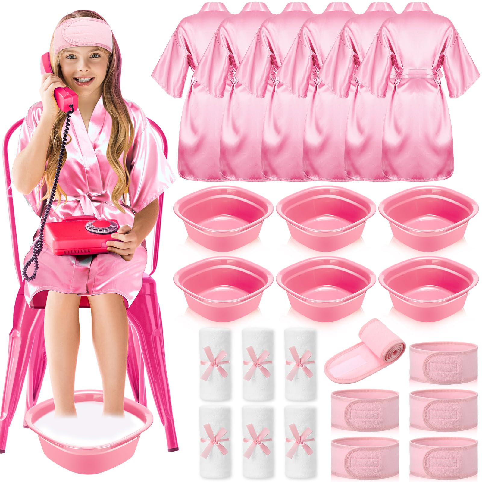 Bunnycool 24 Pcs Kids Spa Party Supplies Includes 6 Spa Party Robes 6 Basins 6 Makeup Headband 6 Towels for Sleepover Bath