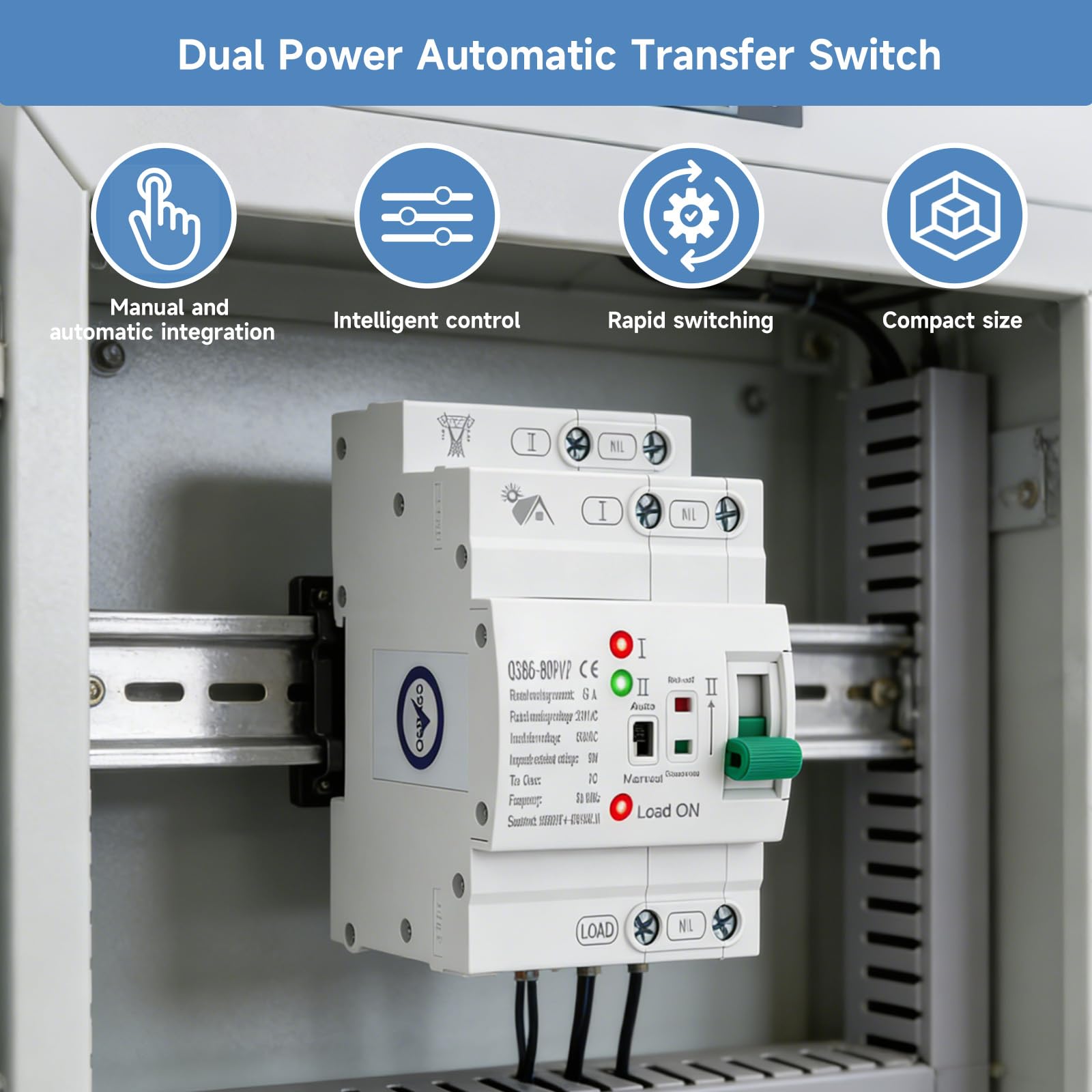 Automatischer Transferschalter 63A 2P ATS Mini 220V Notstrom Umschalter mit Netzvorrangschaltung <50ms