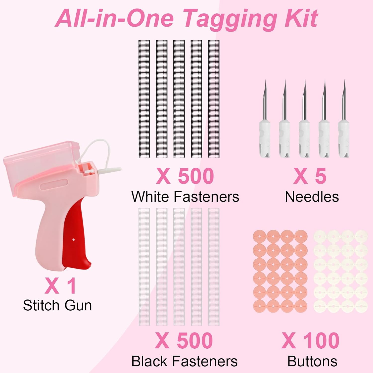 Stitch Gun for Clothes, Tagging Gun for Clothing, Stitchy Micro Stitch Gun with Case, Includes 5 Needles, 500 Black & 500 White Micro Fasteners, 100 Silicone Stickers (Pink) - Image 6