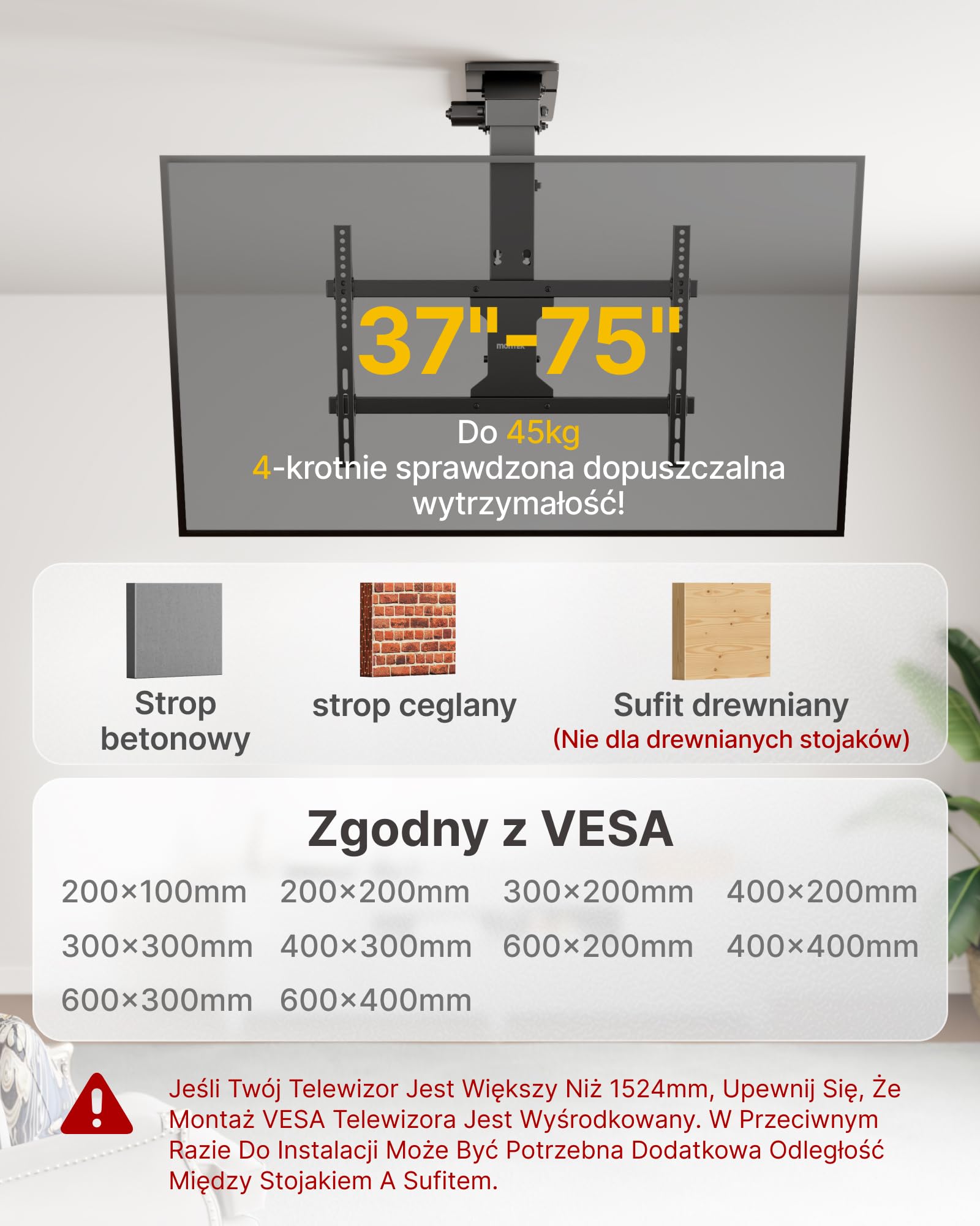 monTEK Elektryczny Uchwyt Sufitowy TV 37-75", do 45 kg | Elektryczny uchwyt sufitowy do TV z pilotem, aplikacją i sterowaniem głosowym, do sufitów płaskich i skośnych